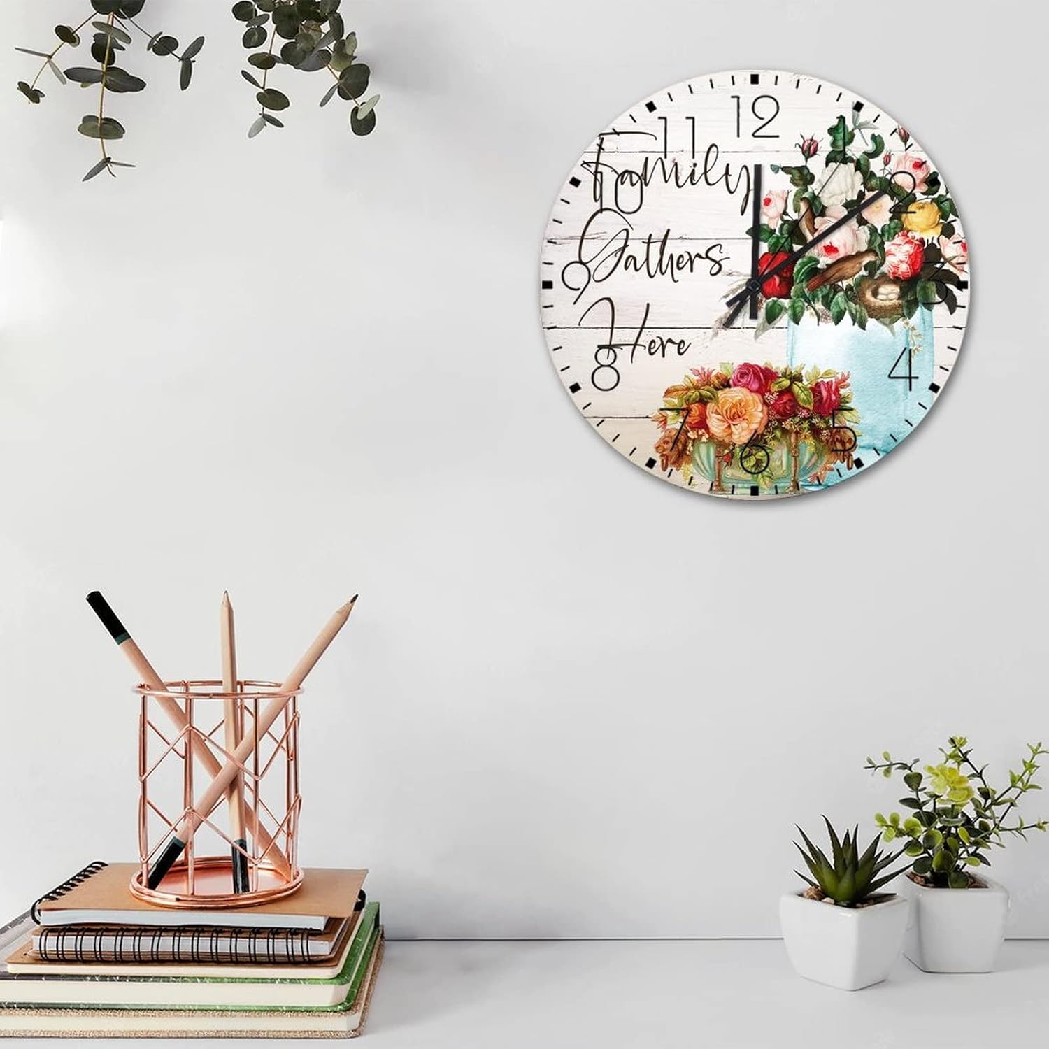 12" Minimalist Wood Clock Family Gathers Here Watercolor Floral Wooden Wall Decor for Living Room Farmhouse Colorful Flowers Wall Clocks Round Wooden Wall Clock Country for Art Room Study Room