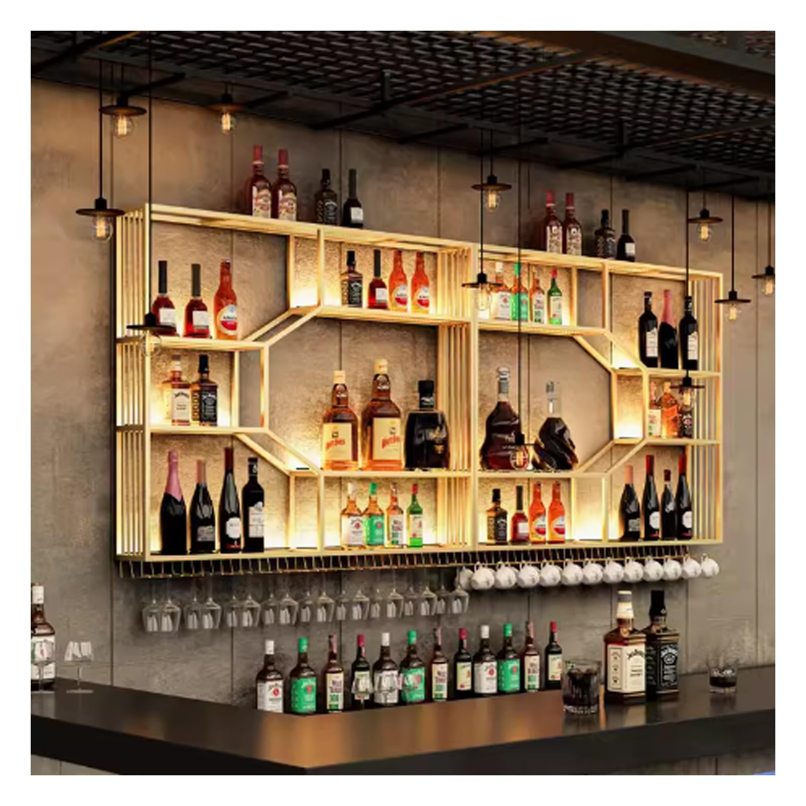 Ayharylh Gold Led Wine Racks Wall Mounted Metal Bar Liquor Shelves And Glass Holder Floating Wall Wine Shelves,For Kitchen Bar Decoration /Black