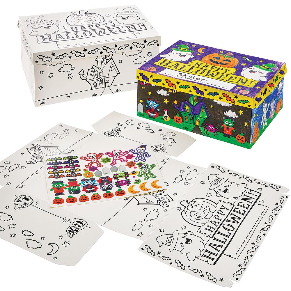 Baker Ross FN602 Colour-in & Sticker Halloween Boo Box – Pack of 1, Fun Creative Activity for Kids to Colour and Decorate, Perfect for Halloween Treats and Gifts