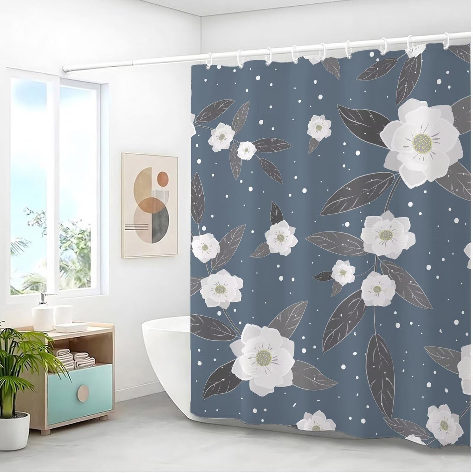 Wasserdichter Duschvorhang Anti-Schimmel 240x200 cm, Waschbar Schnelltrocknend Textil Stoff Polyester Duschvorhang Grau Shower Curtain mit Gewicht und 12 Duschvorhängeringen für Badewanne, Weiß J8-349