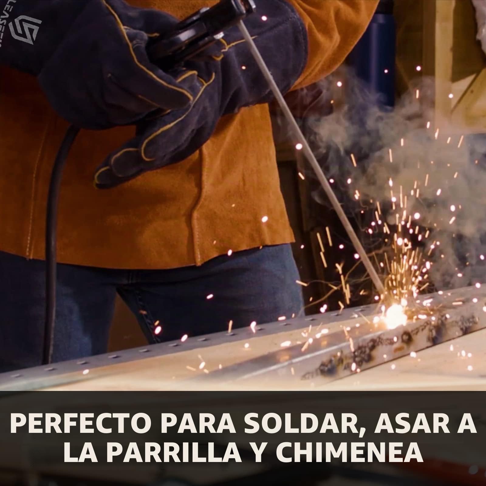 LeaSeek Guantes de Soldadura,Guantes de cuero resistentes para barbacoas (parrillas), soldadura y chimeneas. Resistentes al calor e ignífugos (14-inch, Negro)
