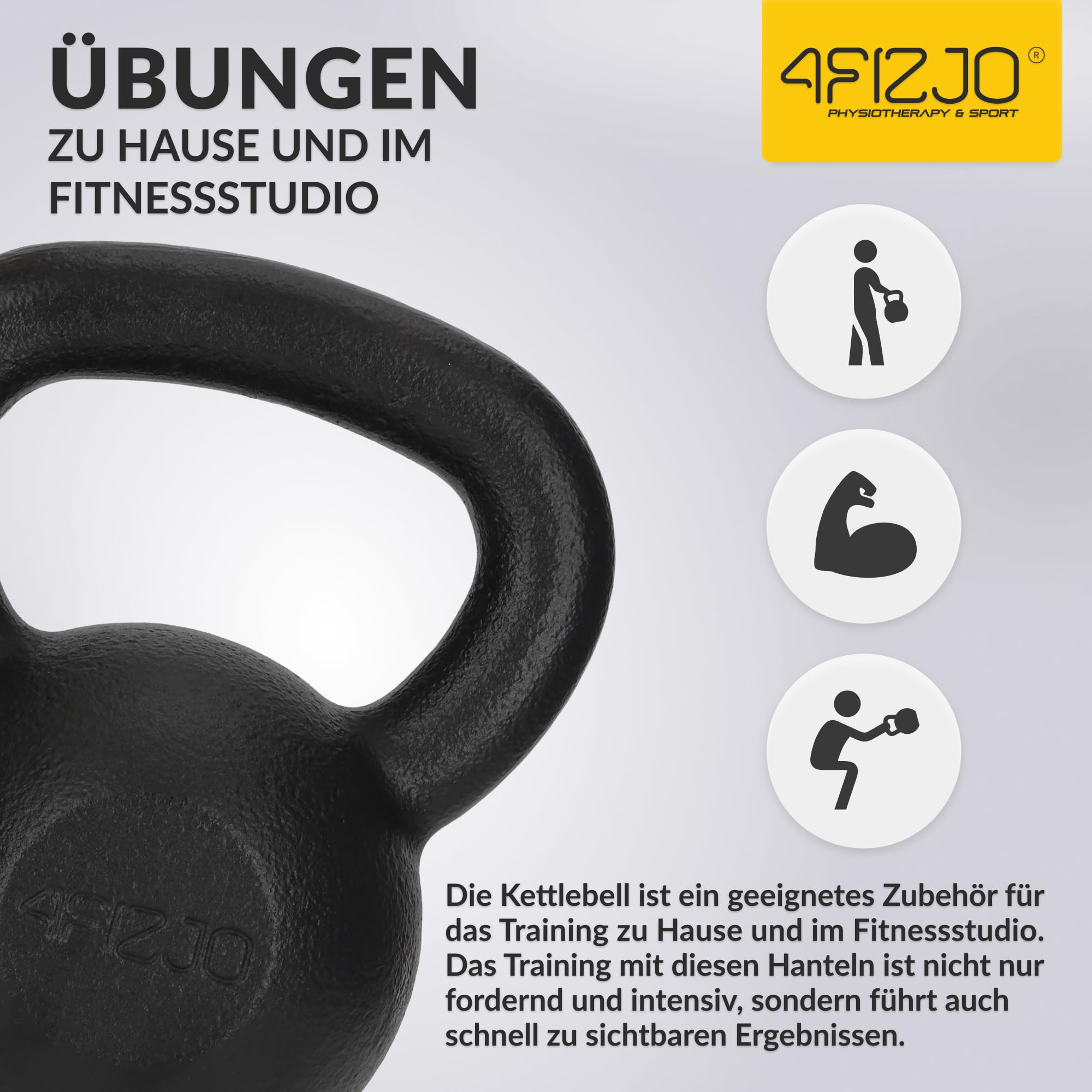 4FIZJO Kettlebell aus Gusseisen, Schwunghantel für Fitness, Kraft und Ausdauertraining, Kugelgewicht, Rundgewichte für Zuhause, Turnhalle, Gewichte Bodenschonende - Kugelhantel, Farbe: Schwarz