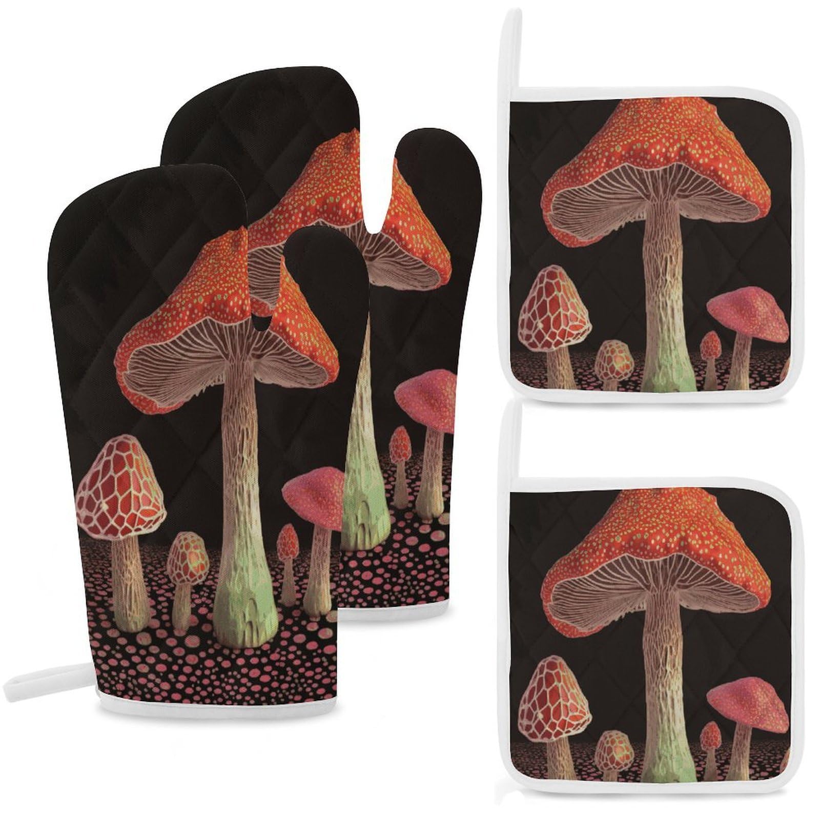 Fekiloot Style Mushroom Oven Mitts And Pot Holders 4-Piece Set, Kitchen Oven Glove With Hanging Loop, Bbq Gloves For Cooking Baking Grilling