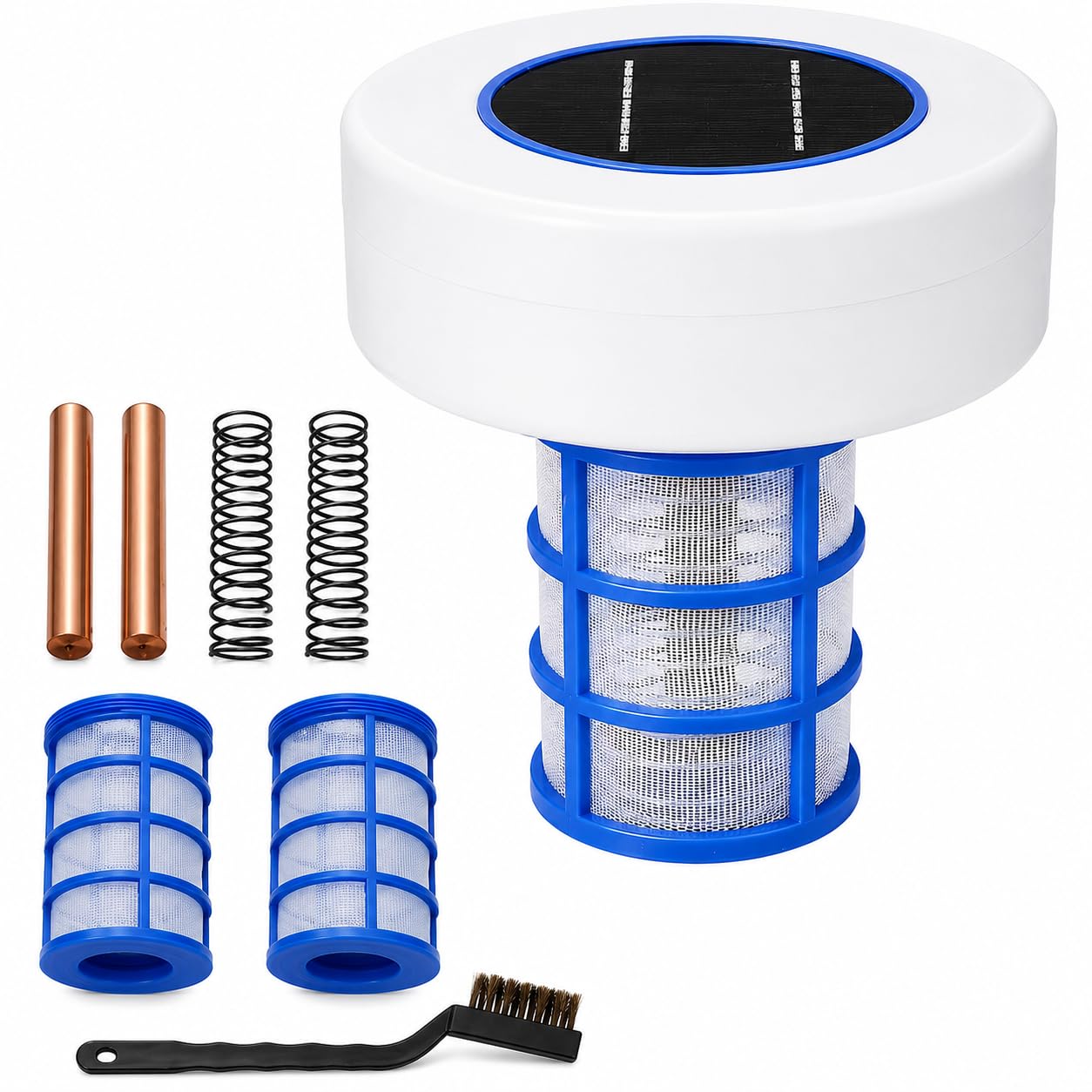 Ionizador solar para piscina, purificador de iones de cobre y plata con luces RGB | Diseño de energía solar para piscinas sobre el suelo, spas, jacuzzis, estanques y fuentes; incluye dos juegos de accesorios