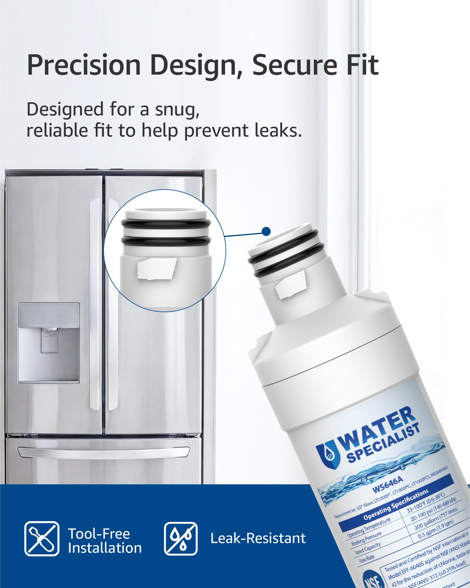 Waterspecialist MDJ64844601 filtr wody do lodówki, certyfikat NSF, zamiennik dla LG LT1000P, LT 1000P, LT1000PC, LT1000PCS, LFXC24796S, ADQ74793501, ADQ74793502, Kenmore 46-9980, 9980 (3 sztuki)