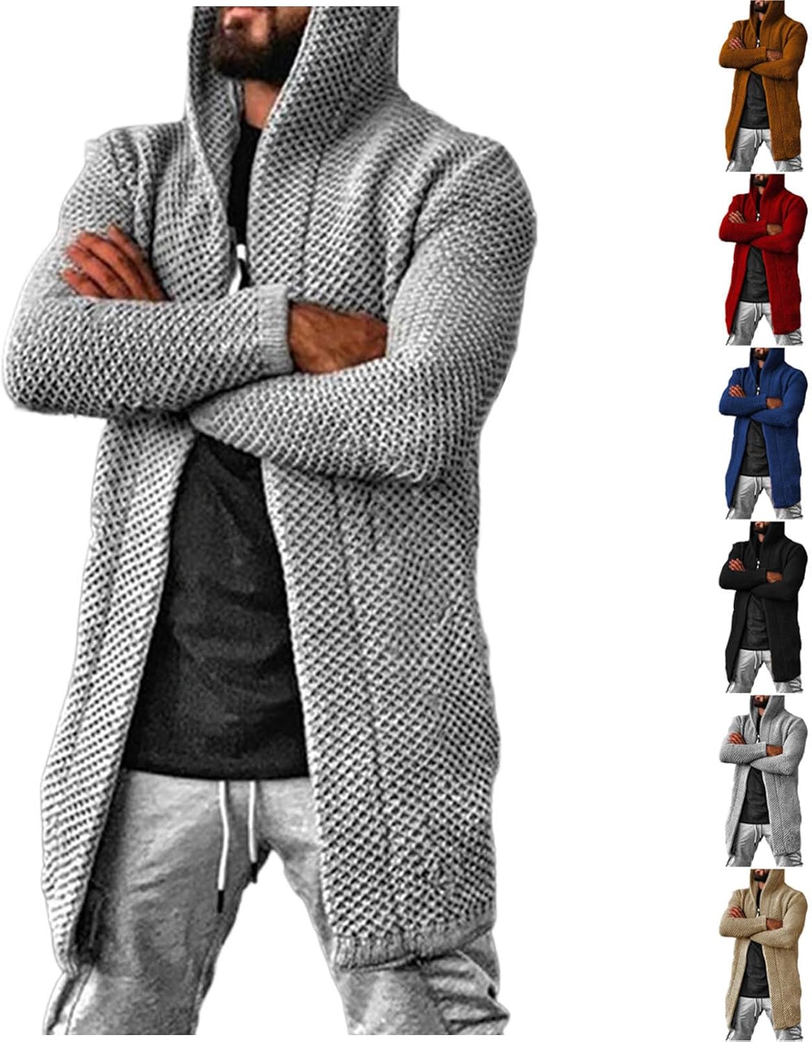 Cambkatl Men's Stylish Mid-Long Cardigan Sweaters Open Front Casual Long Sleeve Knitted Hooded Coats Winter Outerwear
