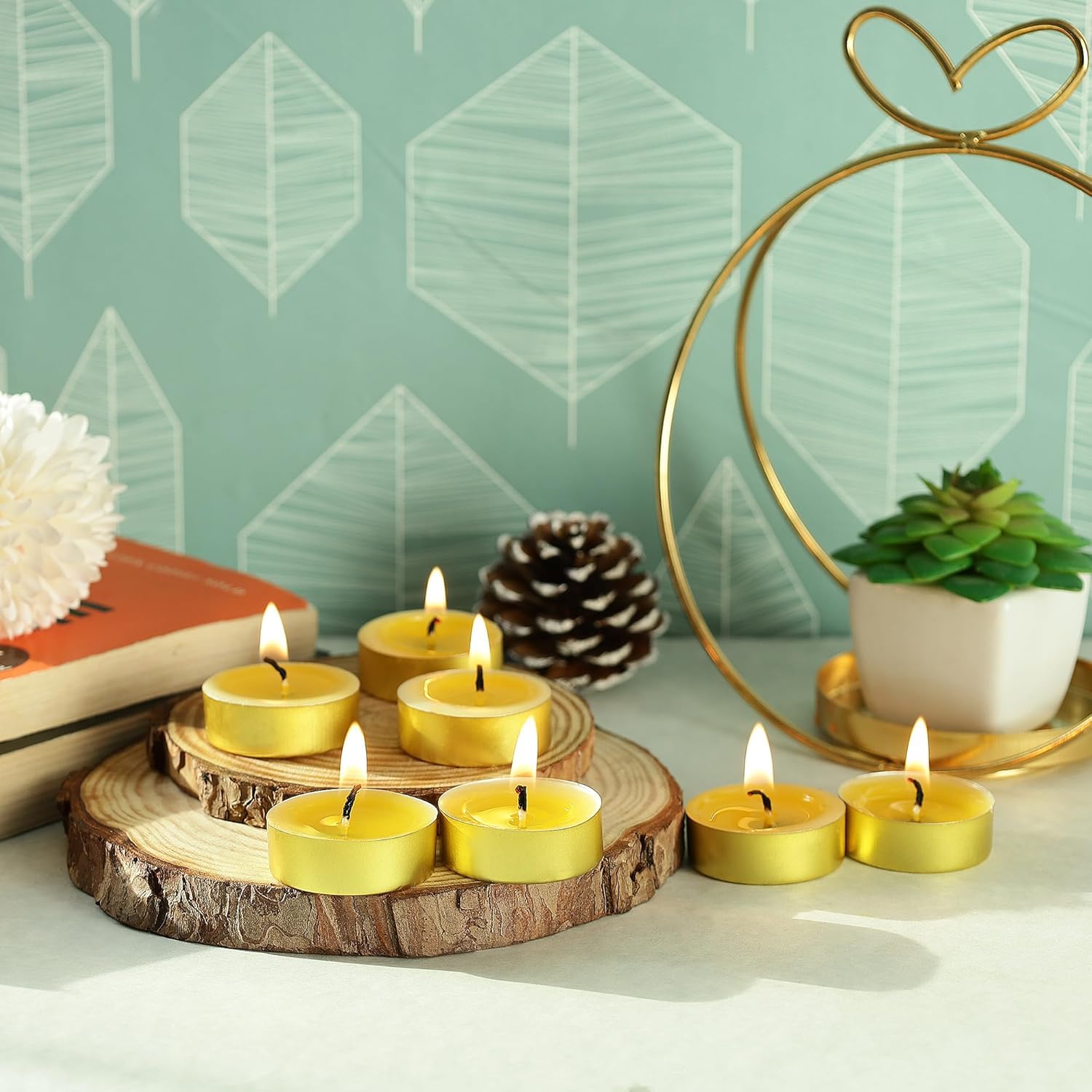 Welburn Veda&Co® Ghee Tealight Candles - Pack of 50, Upto 4 Hours Burning Time, Pure Cow Ghee Diya for Puja in Beautiful Gold Color Cup, Candles for Home Decor, Pooja, Home, Temple 2