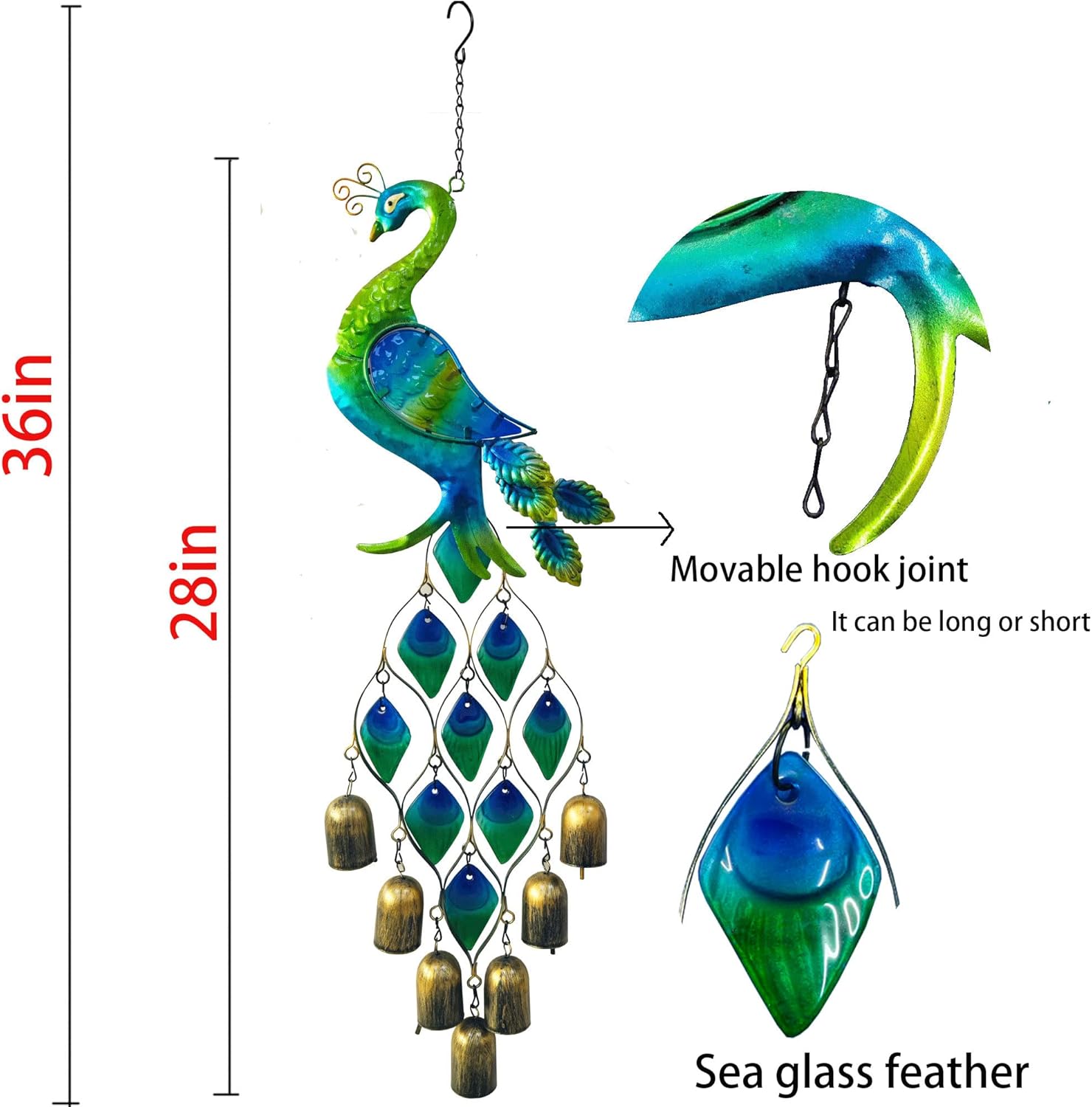 Outdoor Chimes Gifts for Women, Colorful Peacock Wind Chimes-Metal and Glass Hanging Sculpture,Birthday Gifts for Mom Grandma Wife