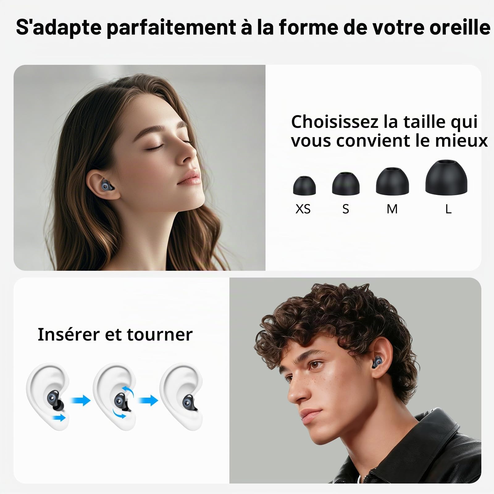 Bouchon D'oreille Pour Dormir, Anti-Bruit 45 dB, 4 Tailles (XS/S/M/L) | Bouchons Réutilisables en Silicone Souple et Ergonomiques, Adaptés Pour Dormir/Voyager/Se Concentrer/Concert