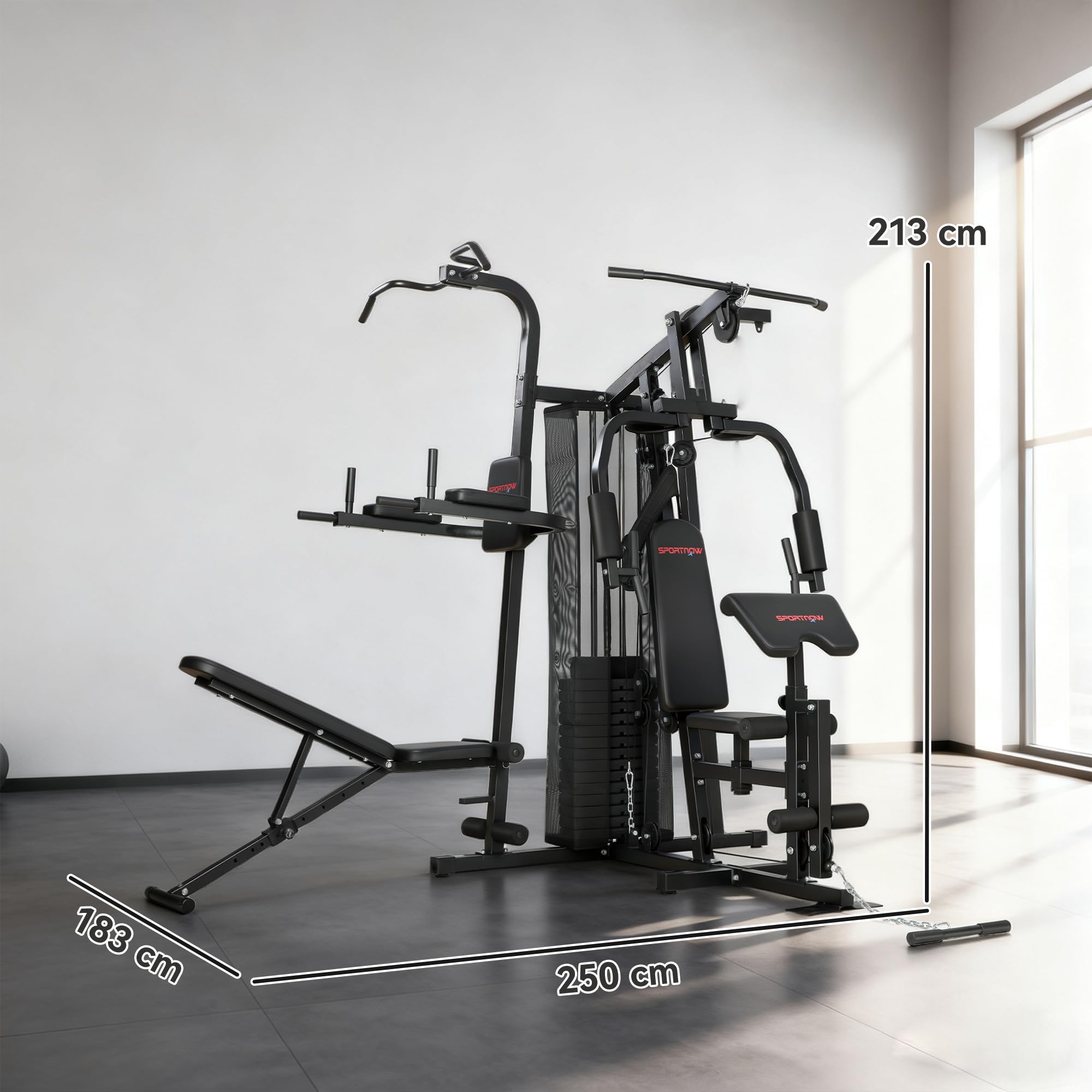 SPORTNOW Kraftstation Fitnessstation mit Latzug Butterflystange 69kg Gewichten, Seil, verstellbar Bank, Multifunktion Multistation bis zu 120kg belastbar Fitnessgerät Trainingsstation für Zuhause