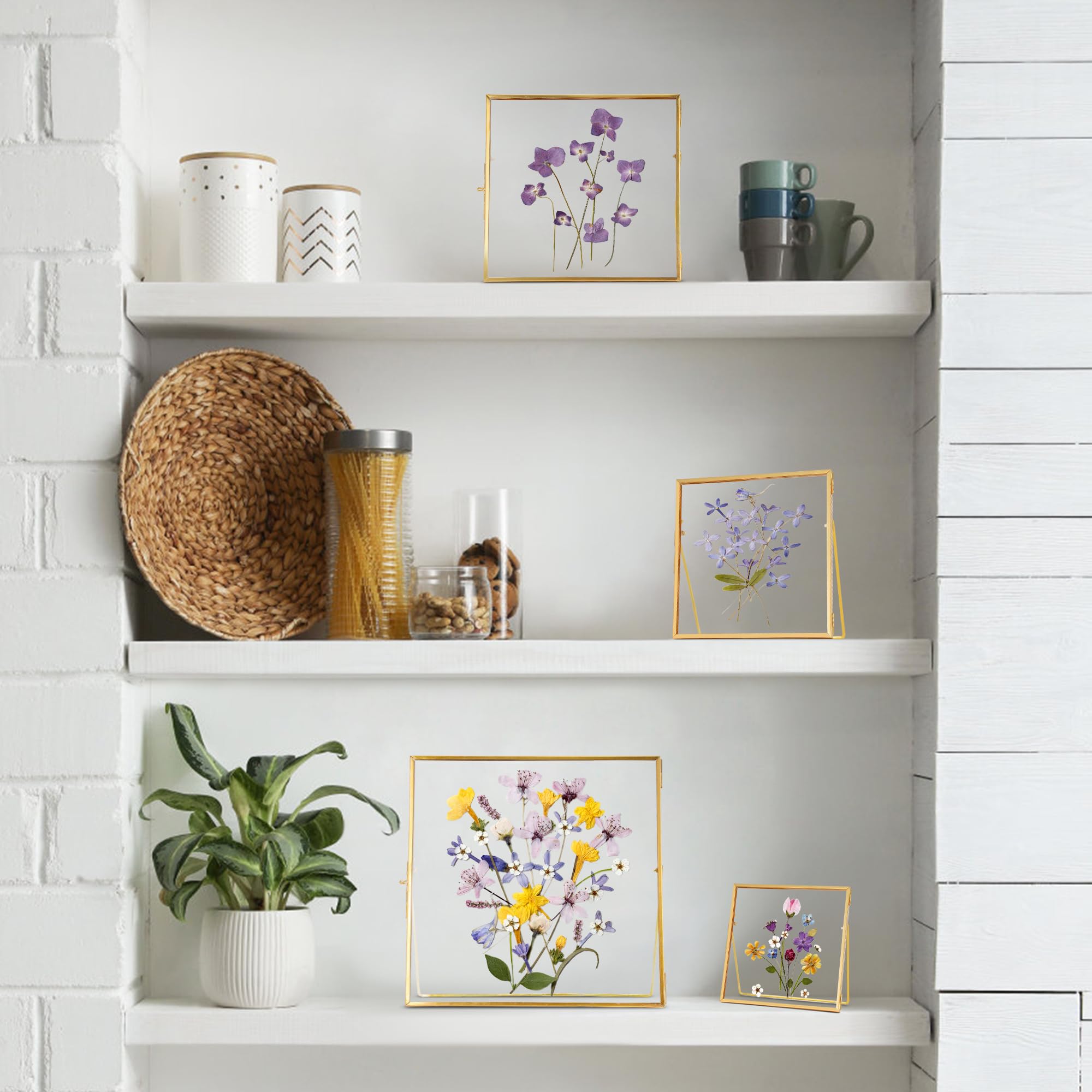 REDHUGO Glasrahmen für gepresste Blumen, handgefertigt, Doppelglasrahmen, Tischrahmen, Blumenpress-Fotorahmen, schlichter Metallrahmen mit geometrischem Design, schwebender Glas-Bilderrahmen | Handgefertigter Tisch-Bilderrahmen für schwebende Bilder und B