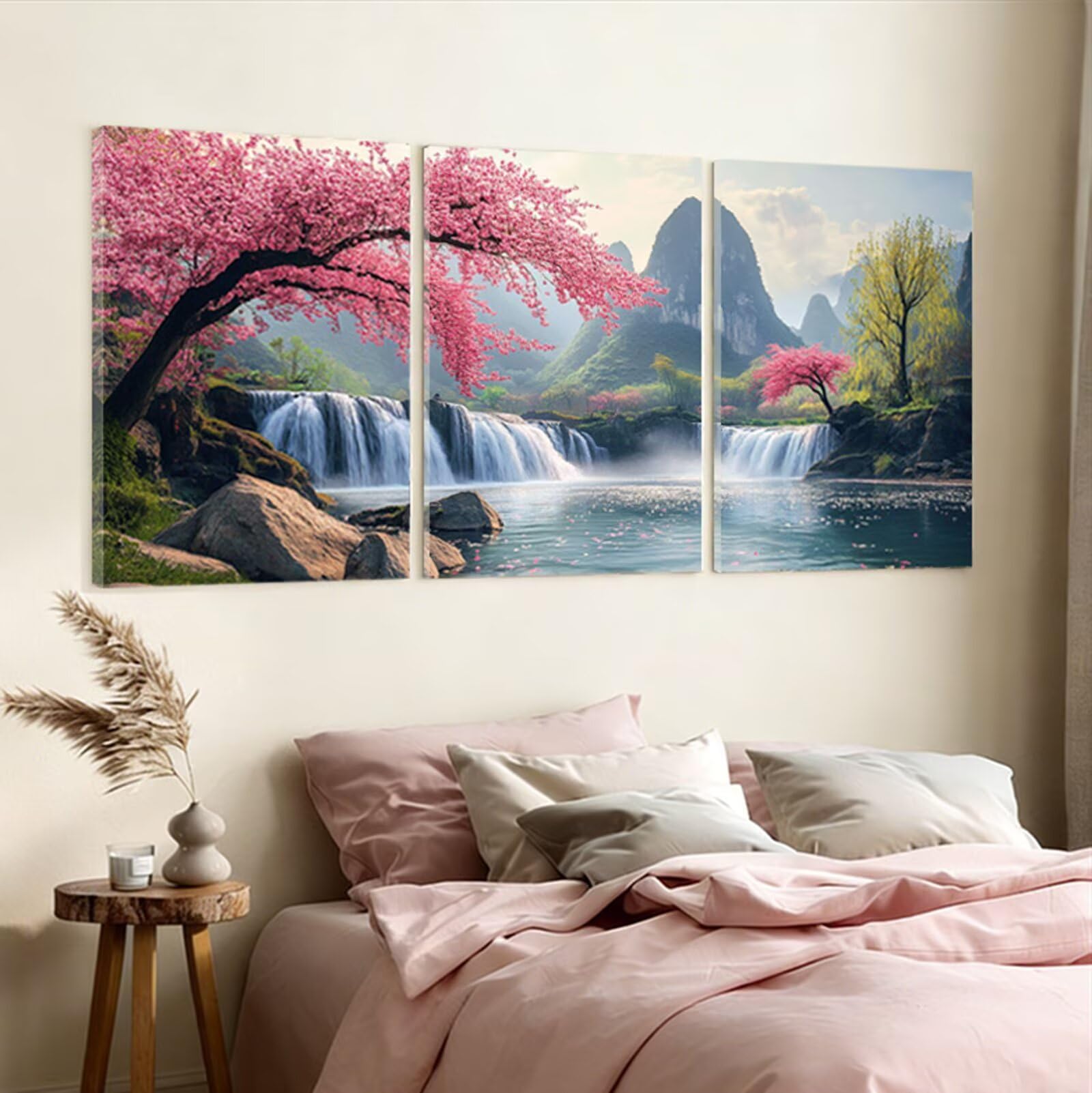 Tableau Decoration Murale Japon Cadre en Bois Impression sur Toile, Peinture Poster Mural Tableau Arbre Triptyque pour Moderne Salon Chambre Restaurant Maison Bain Cuisine 35x50 cmx 3pcs 1f-1070