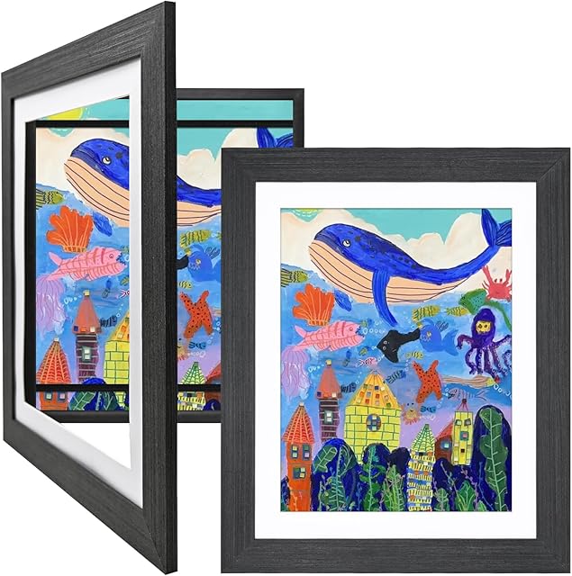 EGOFINE Kids Art Frames Solid Wood- 2 Pack Front Opening A4/8.5x11 Kids Artwork Frames Changeable with Mat and Display10x12.5 Pictures Without Mat,Children Art Frame with Acrylic Glass,Holds 150,Black