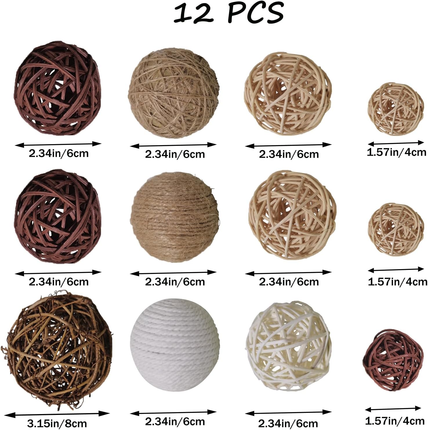 12Pcs Decorative Ball for Centerpiece Bowls, Handmade Rattan Balls and Rope Balls with 1.6-3.2 Inches, Vase Bowl Filler for Home Party Wedding Tabletop Decor