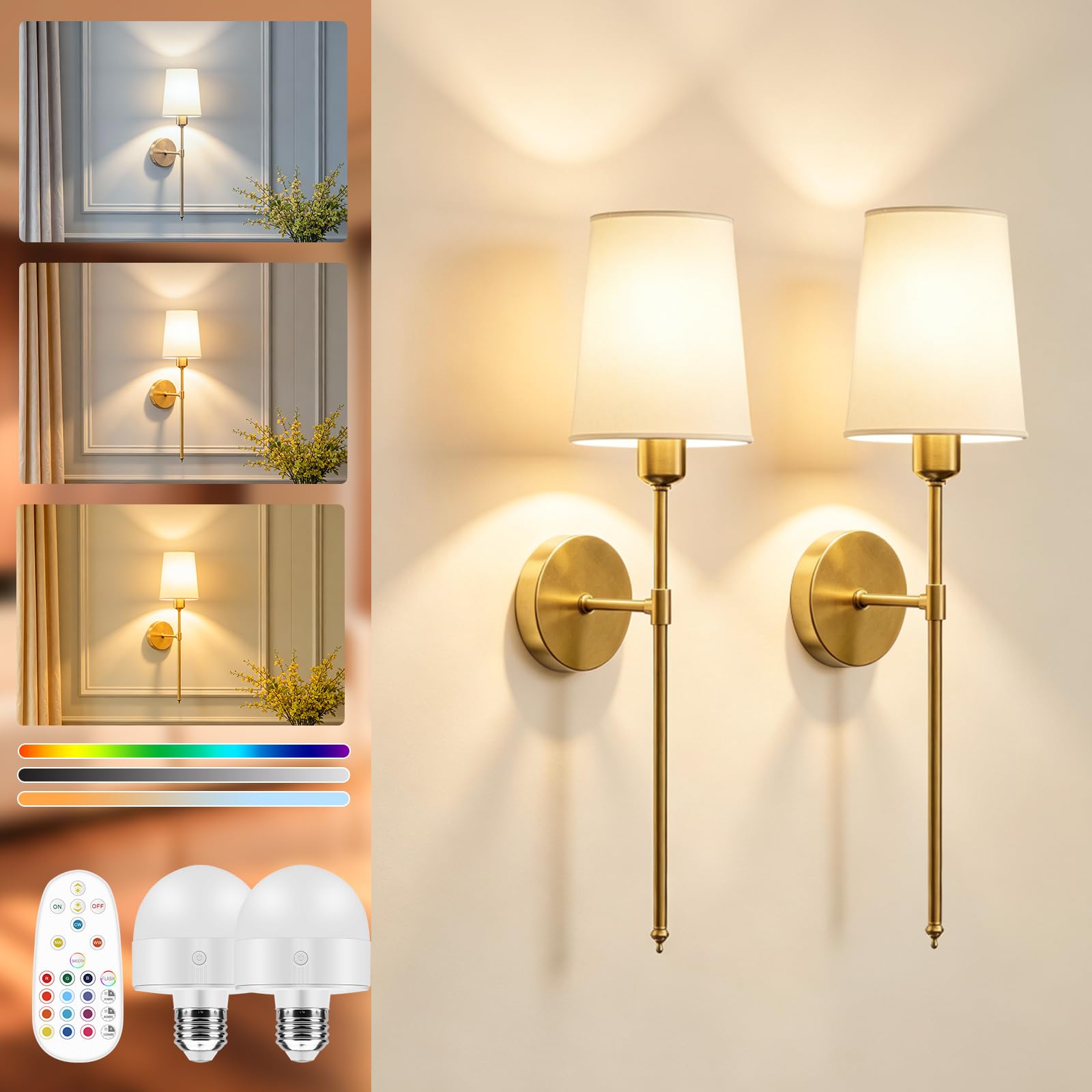 Juego de dos apliques de pared que funcionan con pilas (dorado)