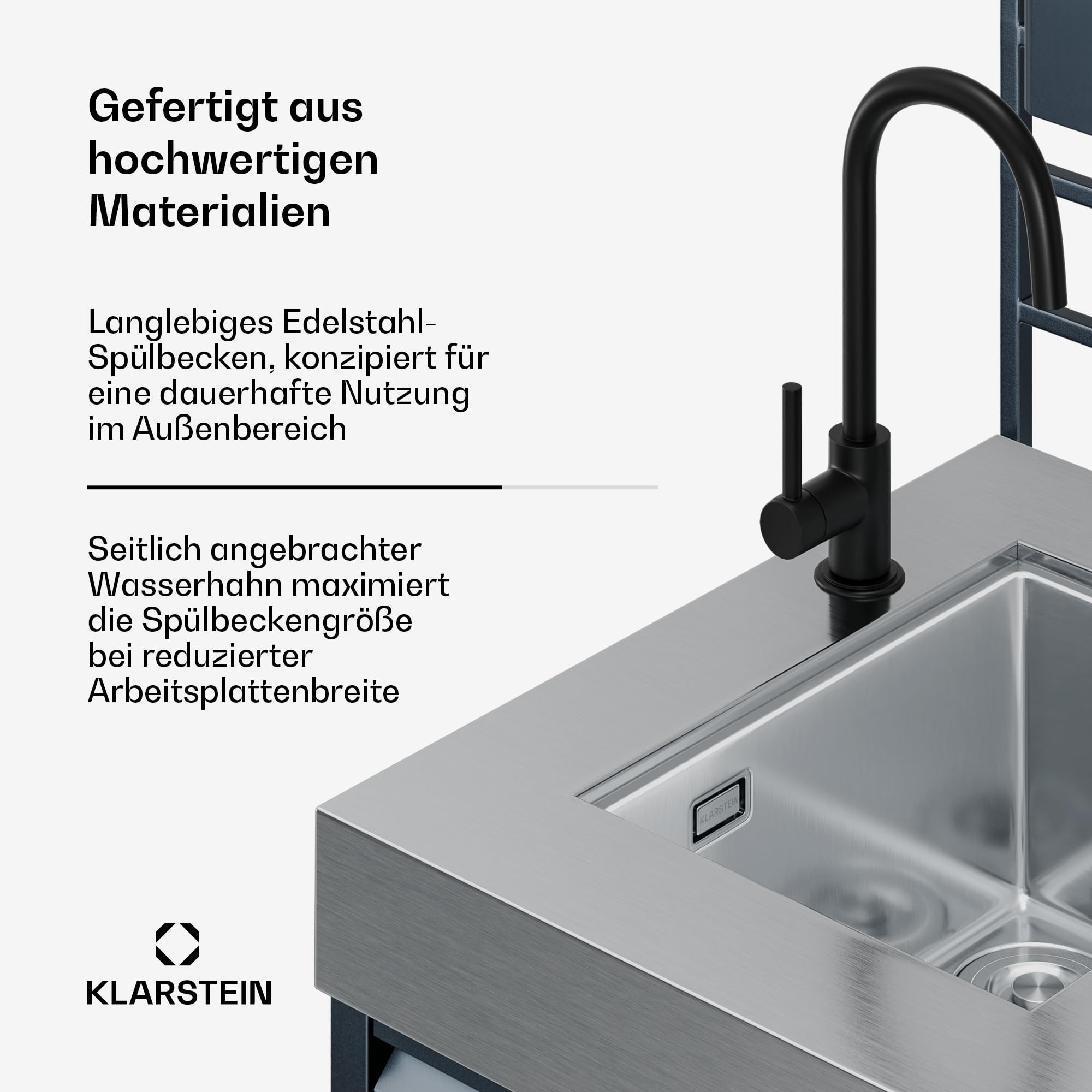Klarstein WaldChef Spülenschrank Outdoor-Küchenschrank Edelstahlspüle Arbeitsplatte pulverbeschichteter Stahl Regal ausziehbarer Abfallbehälter