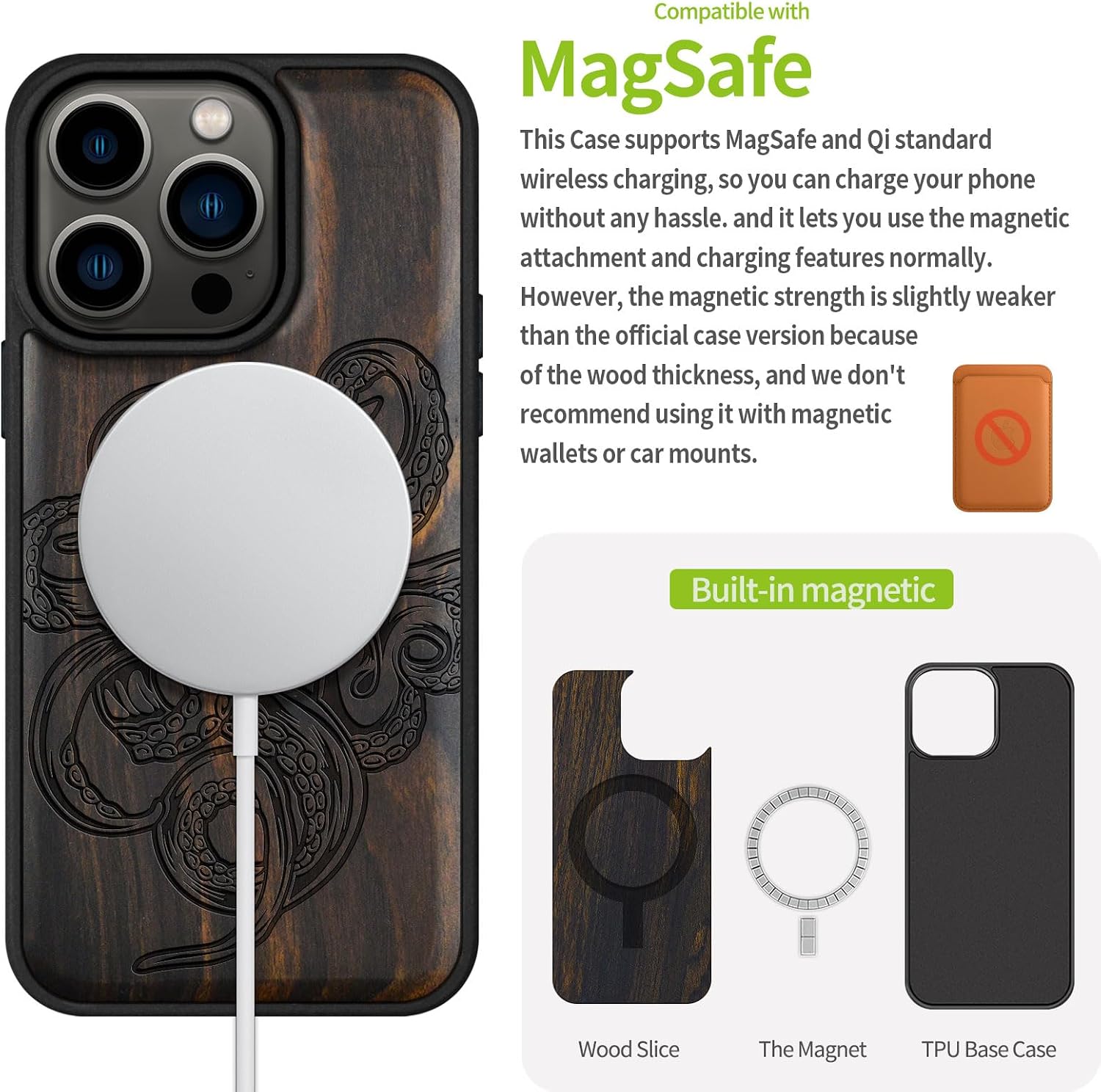Carveit Magnetic Wooden Case for iPhone 15 Pro Case, Compatible with MagSafe Wireless Chargers, Black Soft TPU Shockproof Cover & Wood Artisan Engraved (Octopus Drawing) - Blackwood