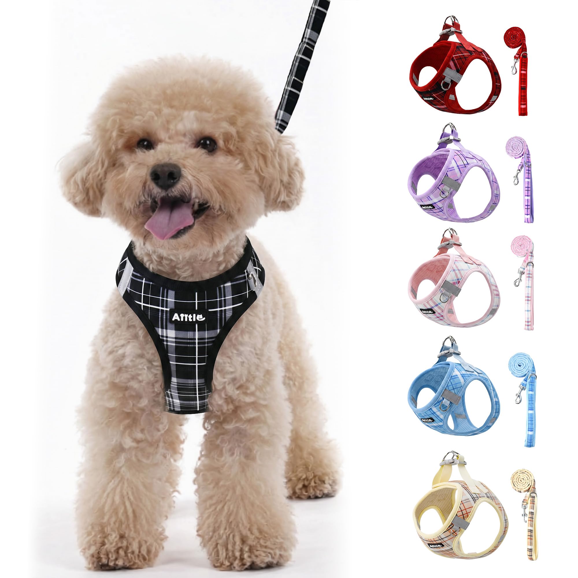 AIITLE Dog Harness Leash Set for Medium Dogs, Step in No Choke Reflective Adjustable Vest Harness with Leash, Breathable Plaid No Pull Harness for Walking, Running, Hiking, Camping, Black L