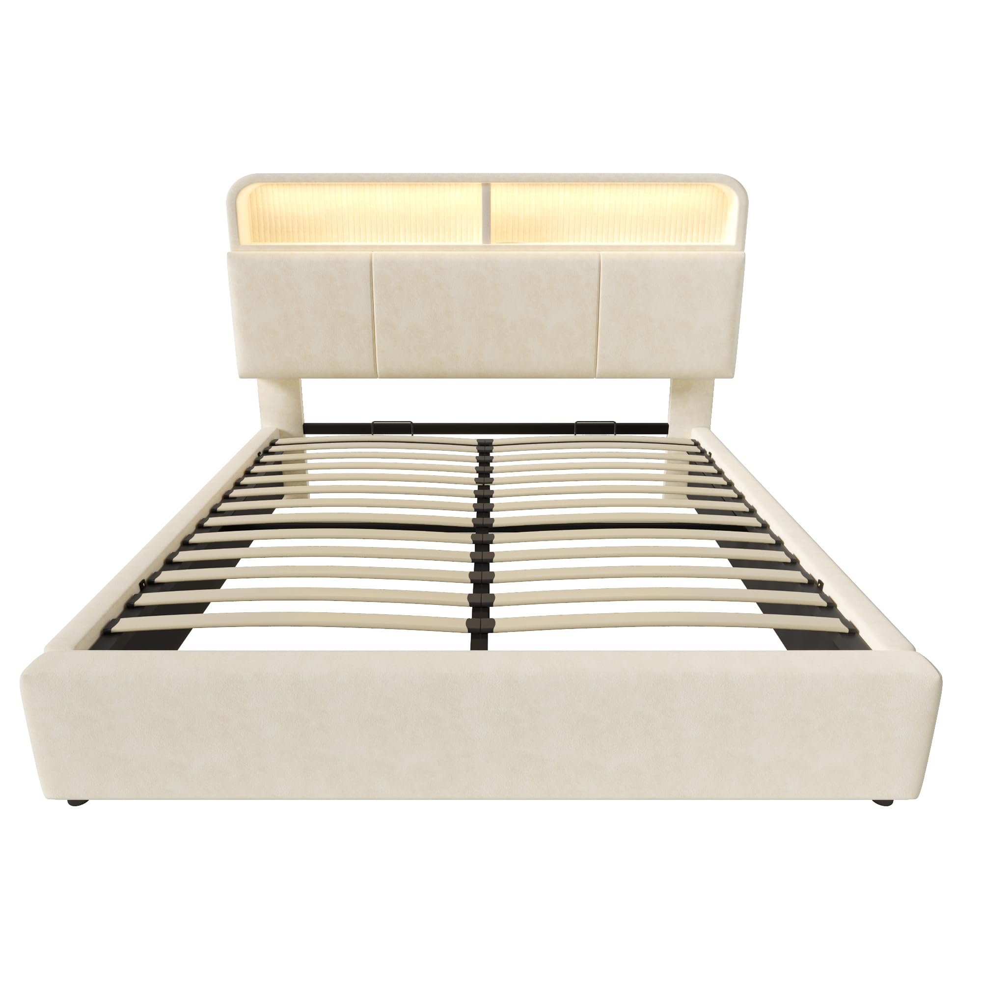 DEKKETO Doppelbett 180x200, Boxspringbett und Lattenrost mit Stauraum, kopfteil mit 3 USB und 1 Typ C-Port, Polsterbett mit LED-Beleuchtung, Samt Bett Beige, ohne Matratze