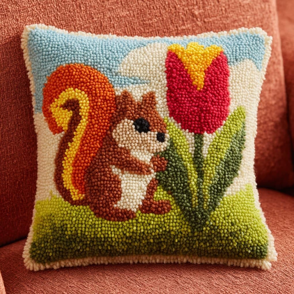 WallustrioaW DIY Latch Hook Kits,Flowers and Squirrels,Pattern Printed Throw Pillow Case Cushion Cover Crochet Needlework Crafts for Kids and Adults,17x17in