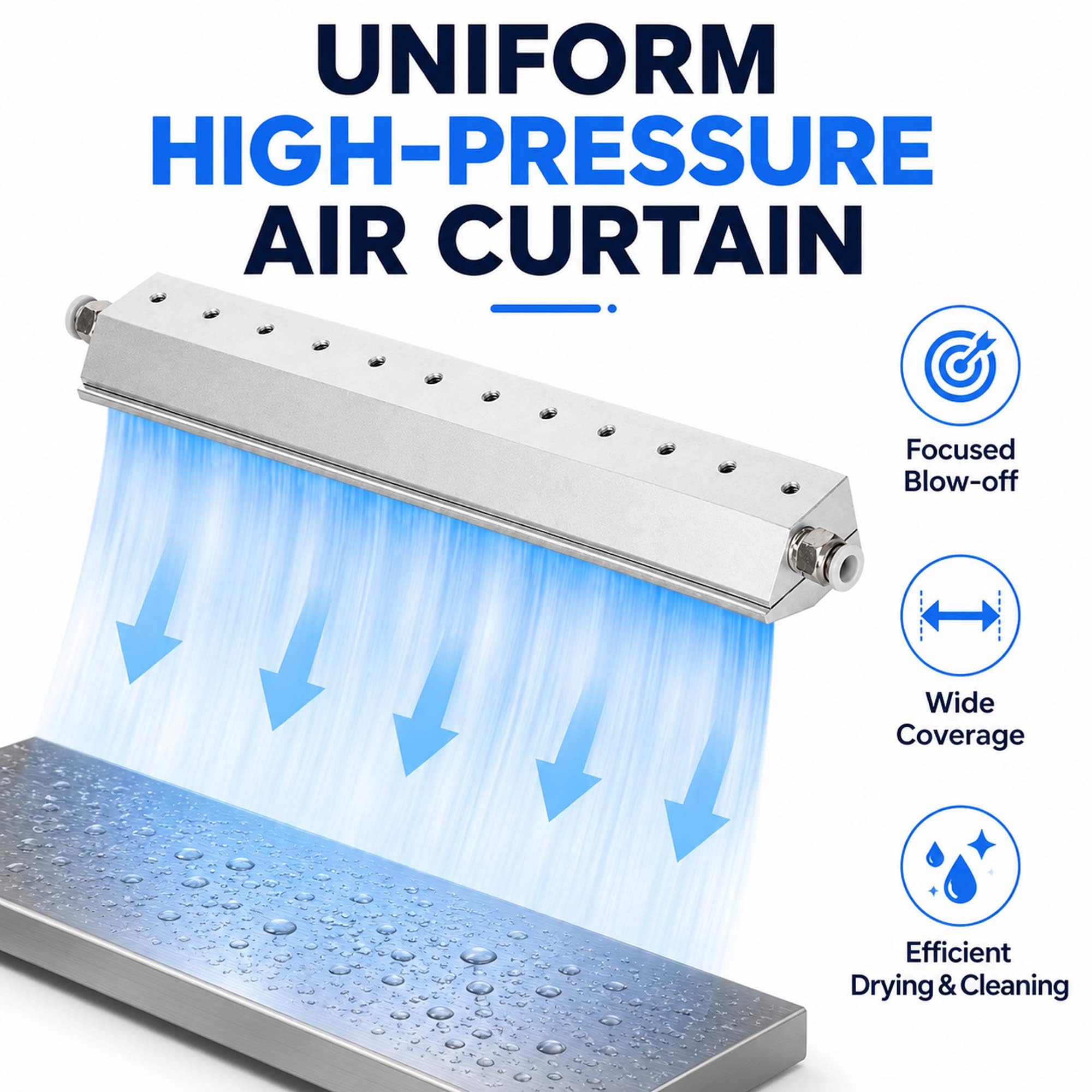Ugello a lama d'aria, lama ad aria compressa in alluminio per una cortina d'aria uniforme ad alta pressione, ideale per la rimozione di polvere e acqua nelle linee di imballaggio e nella pulizia del