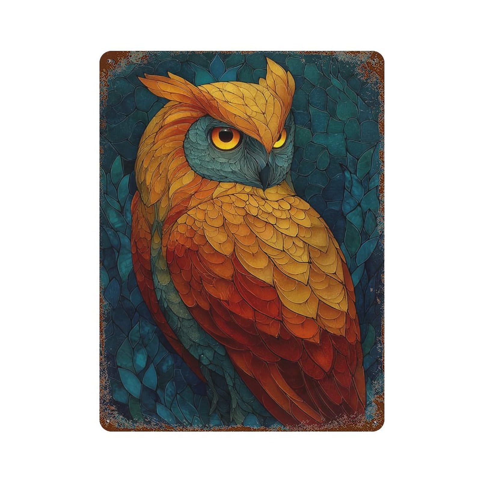 Colorful Owl Portrait 15.7"x11.8" Aged Metal Wall Plaque, Novelty Wall Decor for Shed, Workshop And Garage Wall Decor