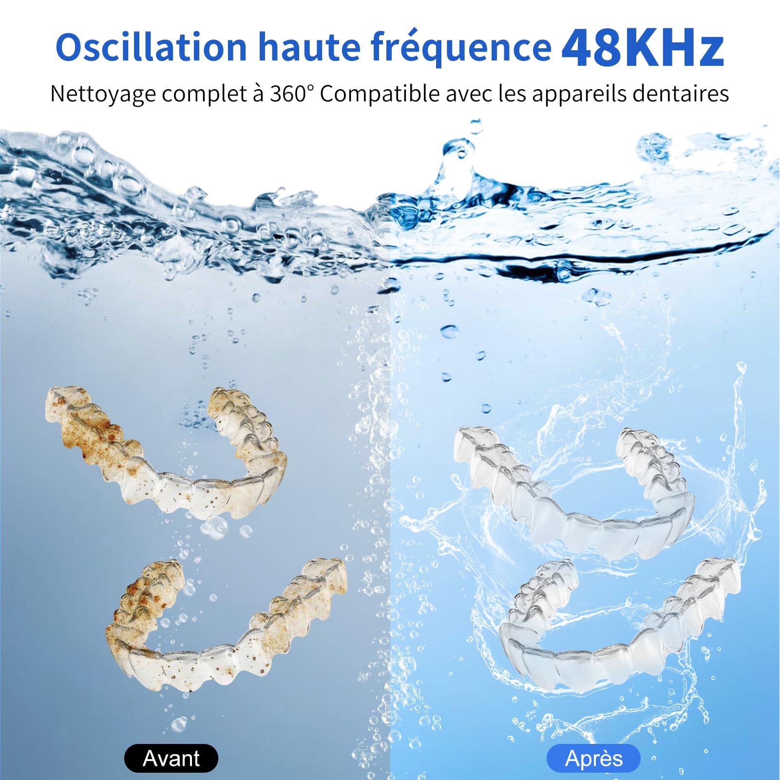 Nettoyeur Ultrasons, 48 kHz Dispositif de nettoyage par ultrasons pour bagues, aligneurs dentaires, appareils de contention, gouttières nocturnes et gouttières de blanchiment, 200ml