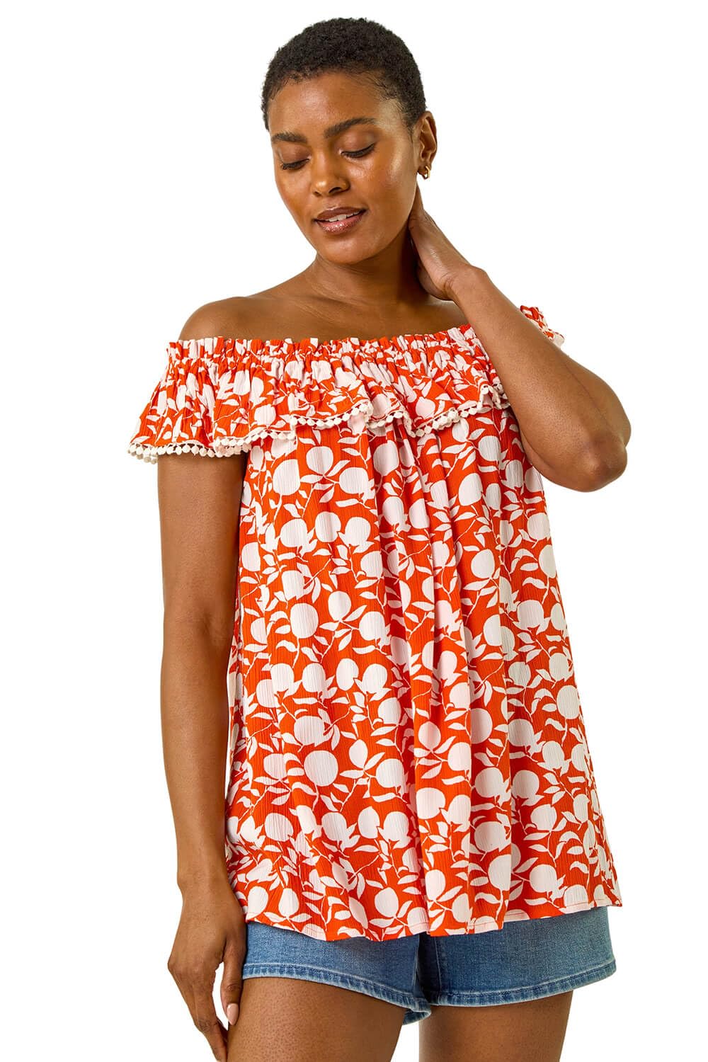 Roman Originals Printed Bardot Trim Detail Top for Women UK - Ladies Everyday Holiday Spring Summer Comfy Soft Evening Vacation Work Party - Orange - Size 12
