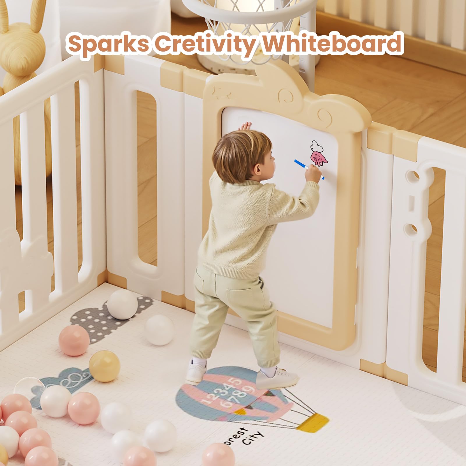 UBRAVOO Parc bébé avec panier de basket, parc de jeu sécurisé Angel Horse avec tableau blanc et 30 balles de piscine colorées, intérieur ou extérieur (kaki, 12 panneaux)