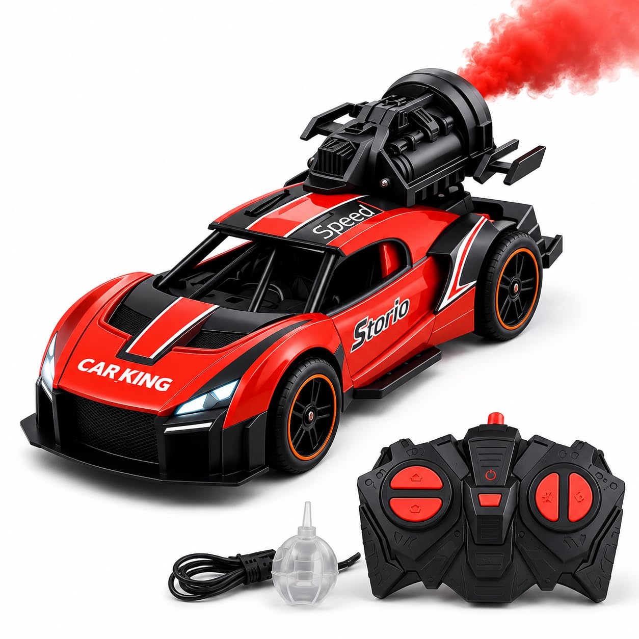 Storio Rechargeable Remote Control Metal Die-Cast Racing Car with Real Smoke Effect | Pull Back Action RC Sports Car for Kids | Durable, Stylish & Fun Vehicle for Boys - Red-image-6