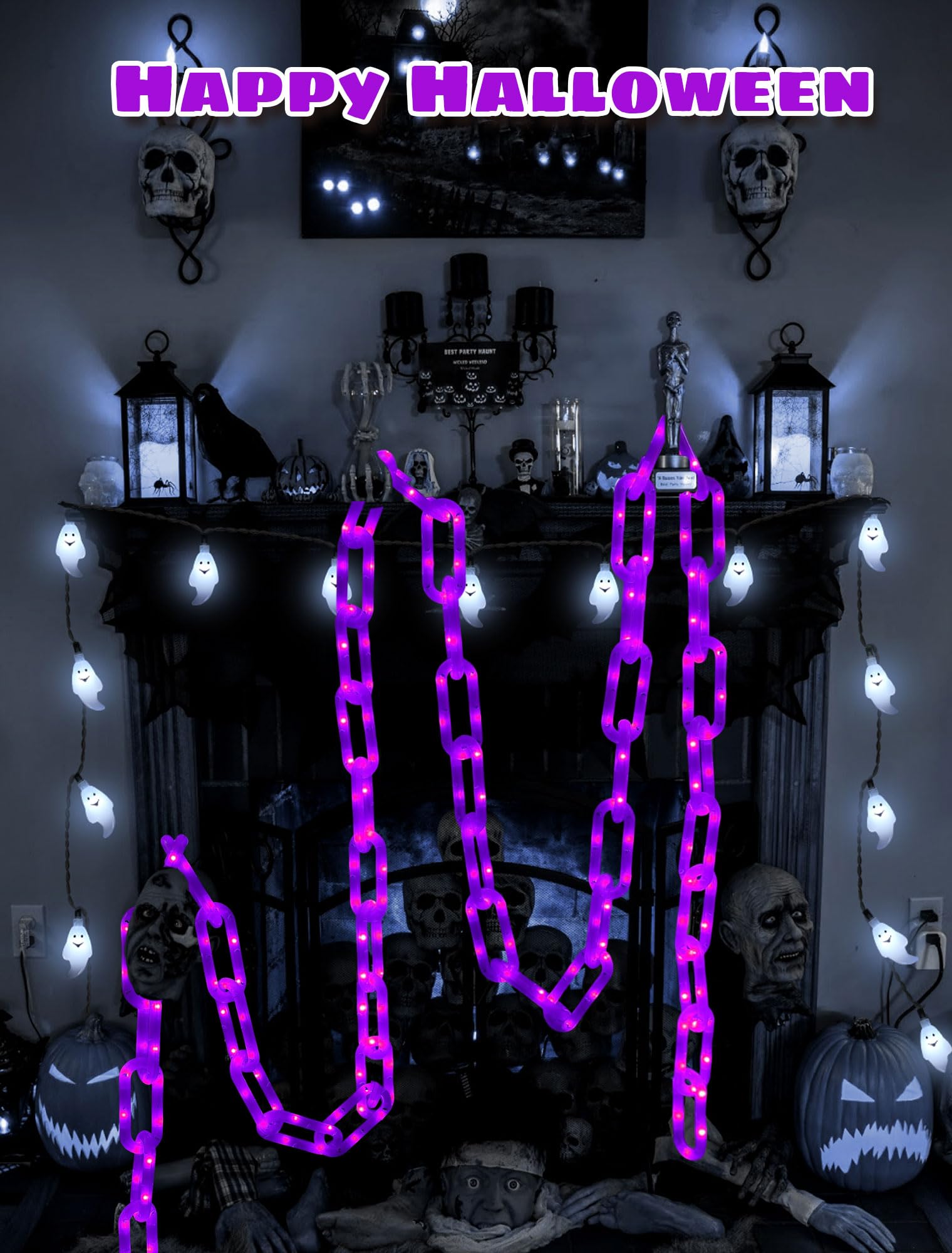 Catena di luci in plastica da 3 m per decorazioni di Halloween, USB e batteria, 175 luci a LED con timer, luce viola, 8 modalità impermeabili, per Halloween, interni ed esterni, decorazione per