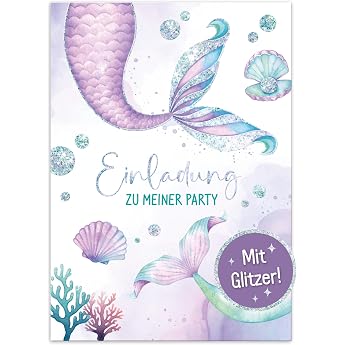 H fft 12 x Invitation Cards Childrens Birthday A6 Mermaid Party Invitations for Kids Birthday Invitations 350gsm Postcards with Great Glitter Effect for Extra Anticipation