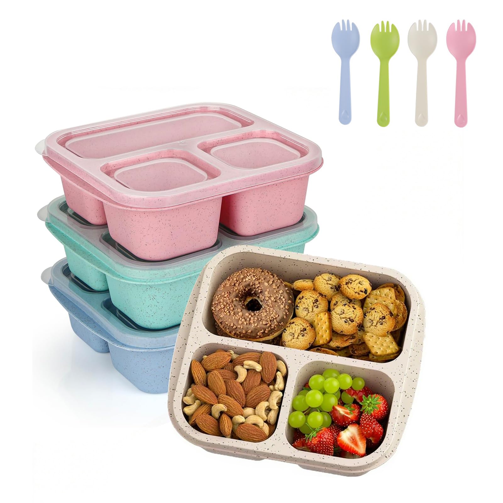 Eidoct 4 Pack Snack Boxes, Reusable Bento Lunch Boxes with 3 Compartments & Fork, Lunch Snack Containers for Kids Adults, Divided Food Storage Containers for School Work Travel(Green/Blue/Pink/White)