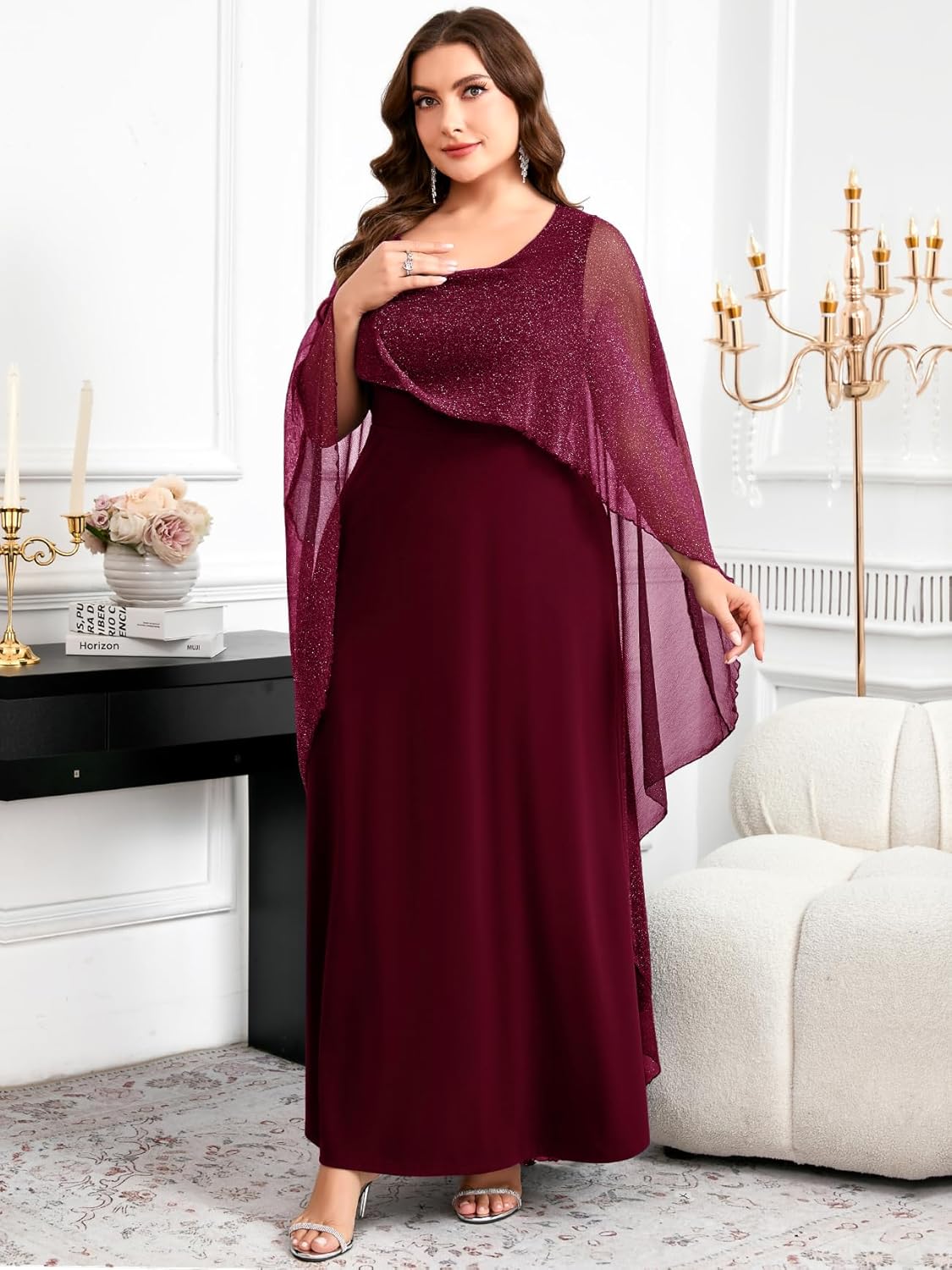 CYCLAMEN Plus Size Evening Gown with Sparkly Cape Overlay Elegant A Line Mother of The Bride Dress for Wedding Guest - Image 5