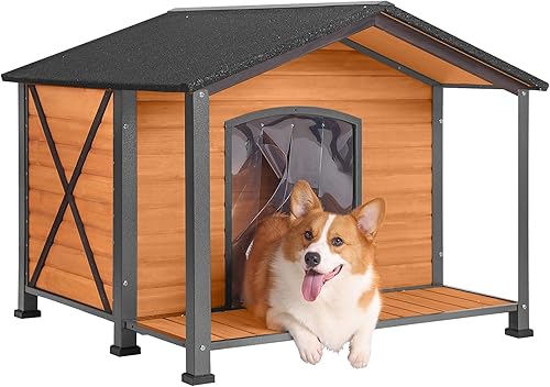 Miniatura 10 de Aivituvin Casa para perros con marco de metal antimasticación para exteriores, gran perrera de madera para exteriores con techo voladizo, gran