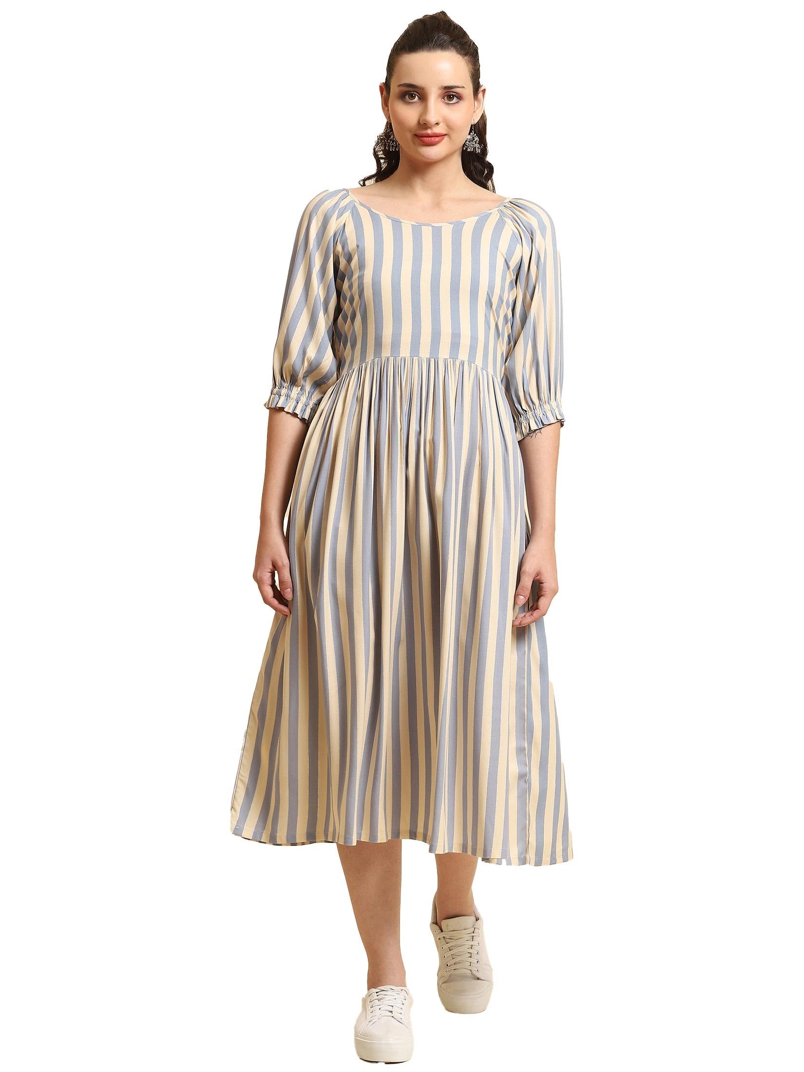 SHREE Women Stripe Printed Dress M Blue