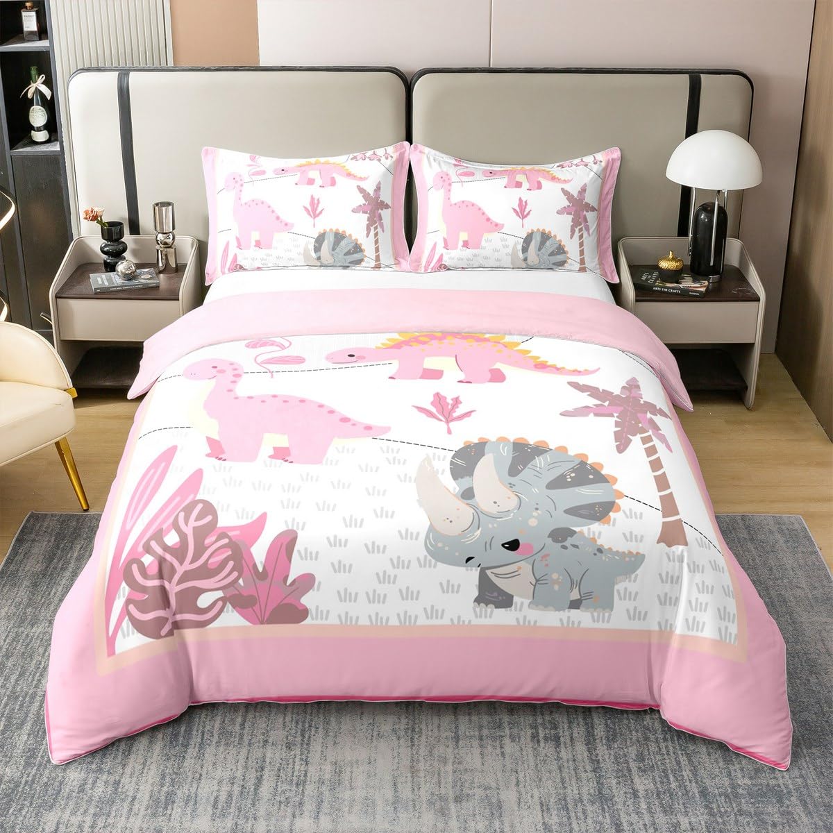 Manfei Cartoon Dinosaur Kids Duvet Cover 100% Cotton Single Size,Palm Leaves Coconut Tree Tropical Bedding Set,Summer Beach Plant Pink Cute Comforter Cover,1 Pillowcase(No Comforter)