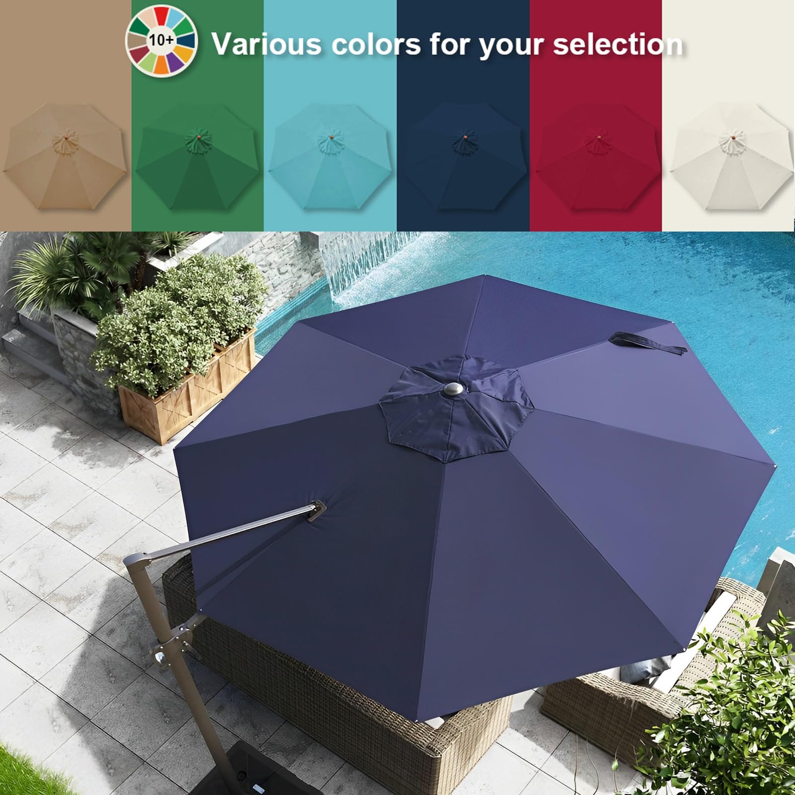 Zapasowy pokrowiec na parasol tarasowy, 300 cm – khaki, ochrona przed promieniowaniem UV i wodoszczelny pokrowiec na parasole 2 m/2,7 m/3 m, 8 podpórek, idealny do ogrodu i na taras