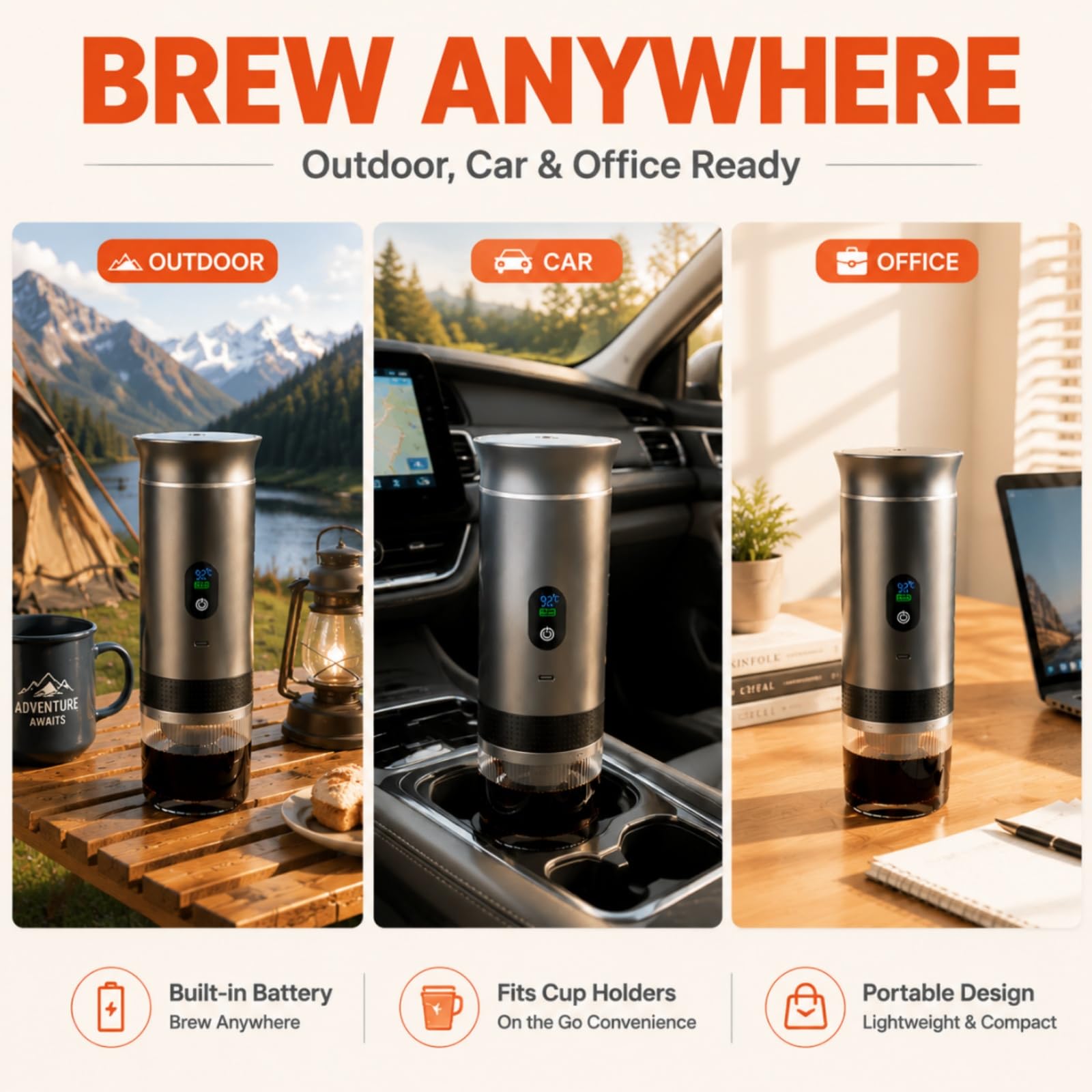 Cafetera portátil con autocalentamiento, 3 en 1, recargable, para coche, camping, viajes, compatible con cápsulas y café en polvo, gris
