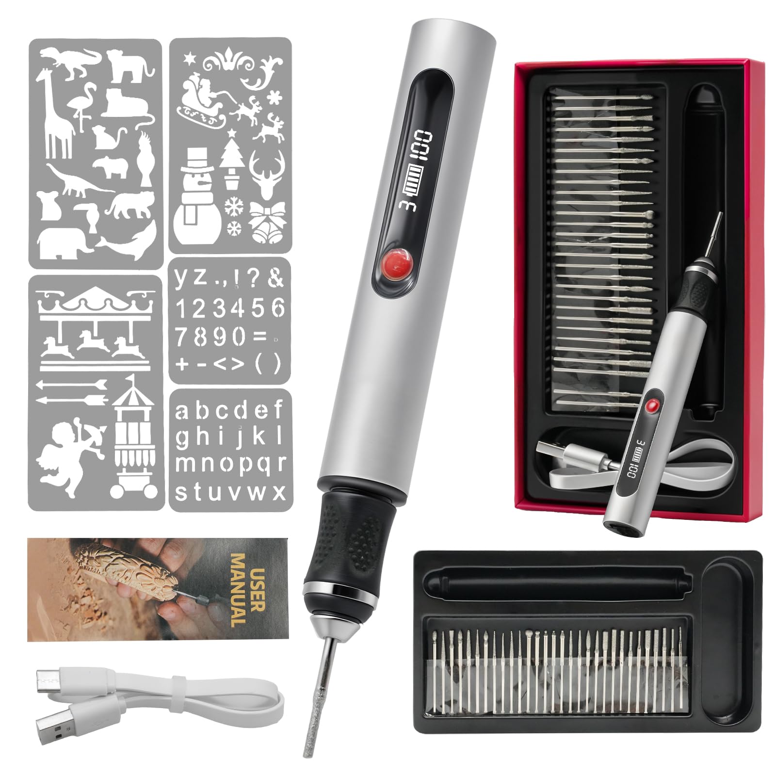 Stylo de gravure électrique avec 30 bits, mini outil de gravure, régulateur à 3 vitesses à 25 000 tr/min, appareil de gravure rechargeable USB pour verre, bois, plastique, céramique pour artistes et