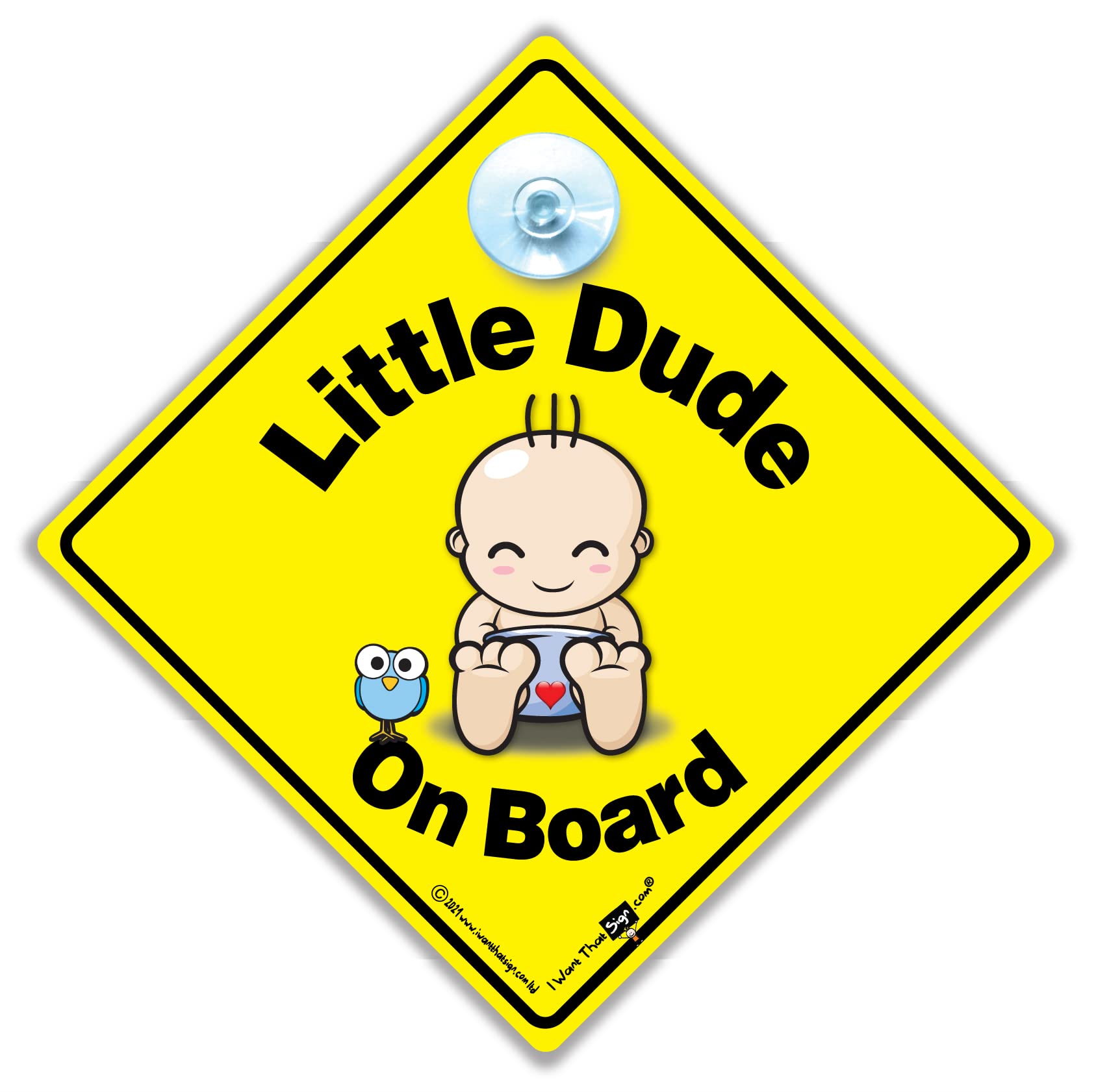 Iwantthatsign.com Yellow And Black Little Dude On Board Car Sign, Baby On Board Sign, Grandchild On Board, High Visibility Advisory Suction Cup Car Window Sign Designed To Let Other Road Users A Child Is In The Car, 14 Cm X 14Cm X 2Cm
