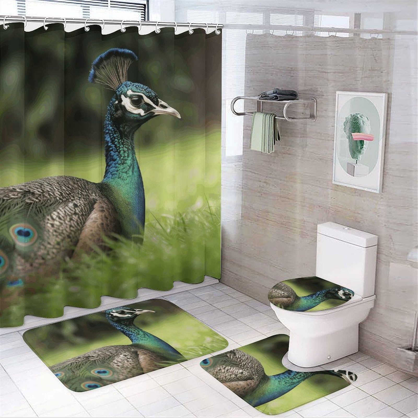 Tapis de douche et toilette 4 pièces imperméable antidérapant avec motif animaux WC