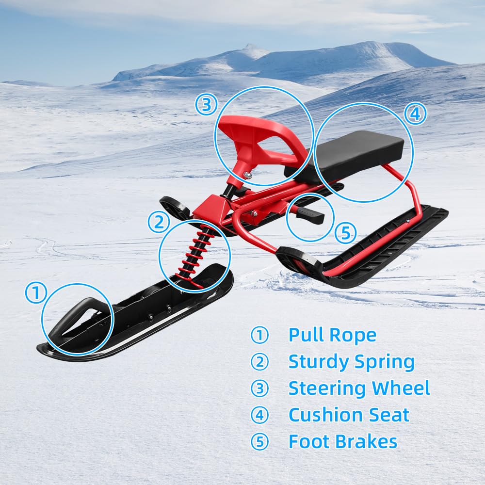 Slitta da Sci Snow Racer Sled con Volante e Doppi Freni per Bambini, Adolescenti e Adulti, Esperienza, Ottimale e Unica, grande. Dotato di una Ruota e Snow Racer SledWinter