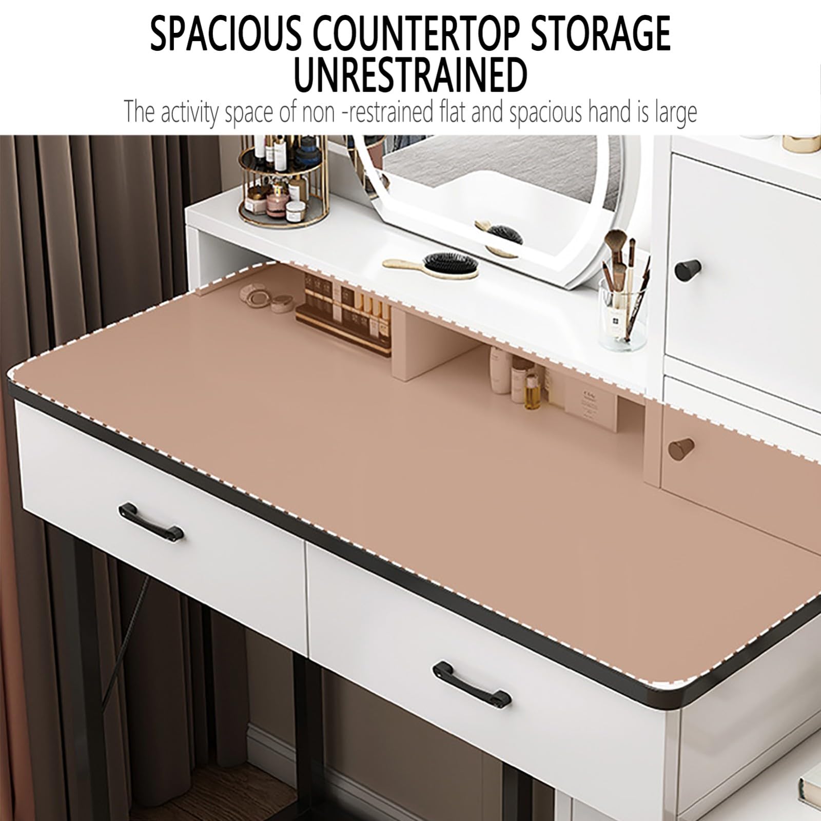 Scrivania da trucco illuminata con specchio LED regolabile con 5 cassetti, tavolo da toeletta per camera da letto, elegante stazione di trucco 80-100 cm, design moderno per gli amanti della bellezza