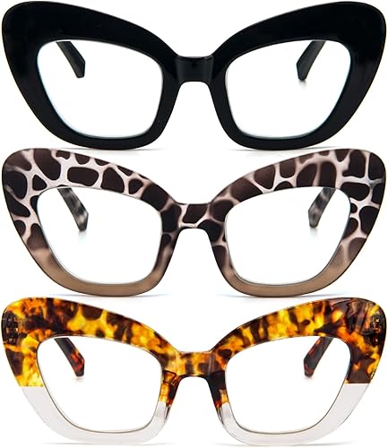 REAVEE Paquete de 3 lentes de lectura de gran tamaño para mujer, bloqueo de luz azul, elegante marco grueso y grande, bisagra de resorte, tortuga