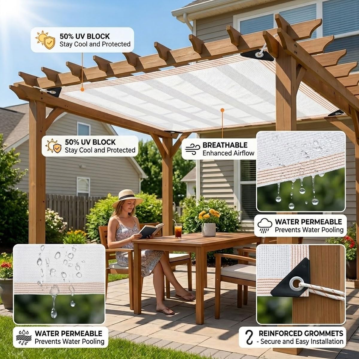 Rete Antigrandine, 50% Rete Ombreggiante Esterno, Bianco Telo Ombreggiante con Occhielli, Traspirante Vela da Sole per Orto Balcone Serra Giardino Hdpe Tenda da Ombra 3x4 5x5 6x10(3x5m)