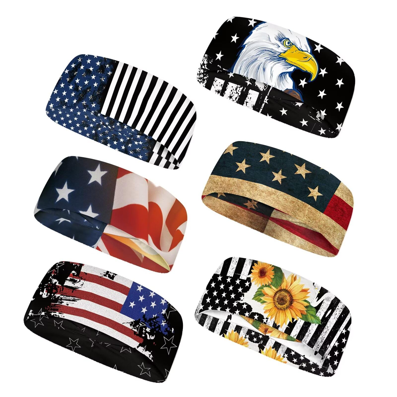 Forchrinse American Flag Print Sport Headbands Set of 6 Patriotic Sweatband Headband for Men&amp;Women Non Slip for Running Athletic Travel