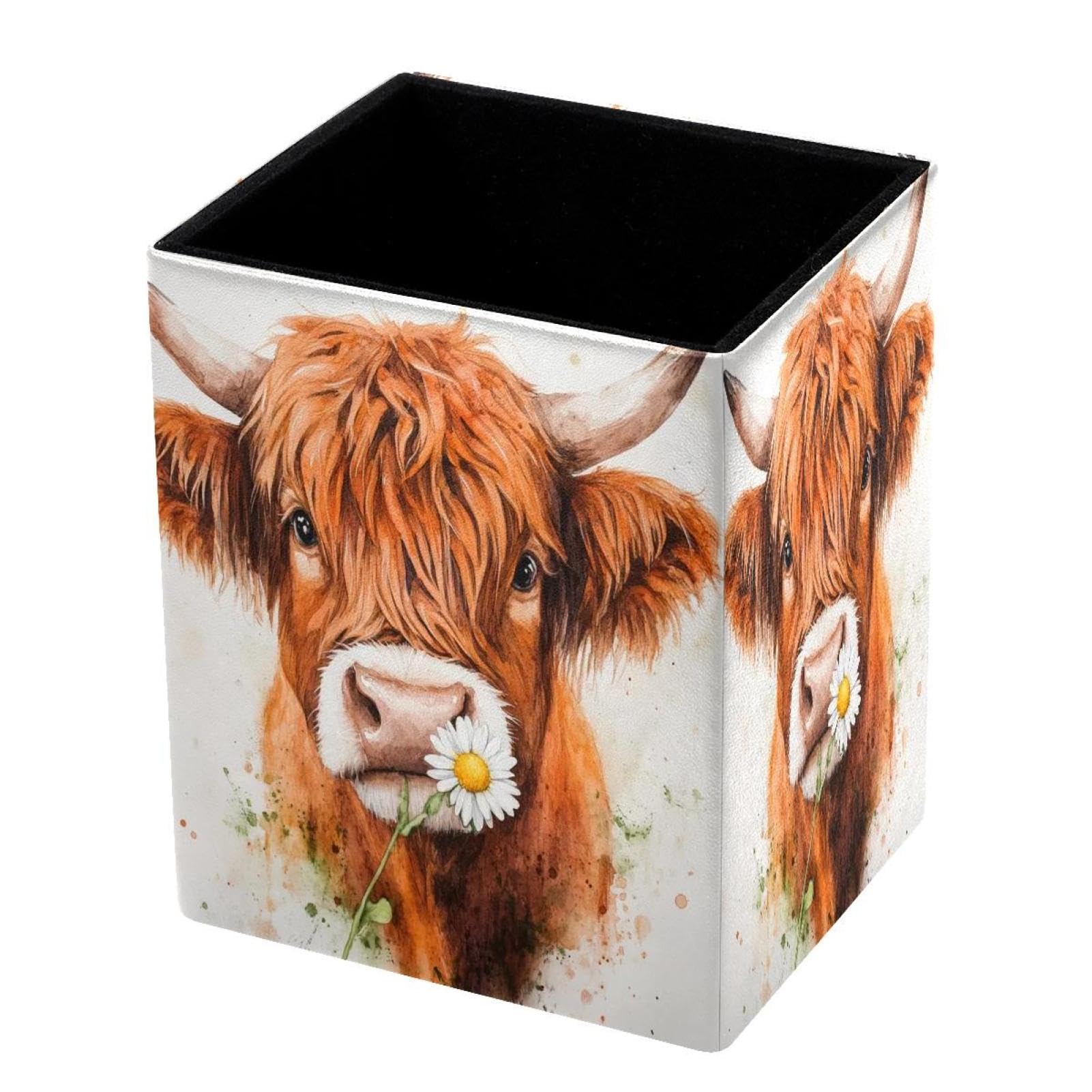 DragonBtu Desktop Pencil Holder, Watercolor Cow Rectangular Pencil Cup, Pencil Storage Bag Office Desk Supplies Case for School, Kids