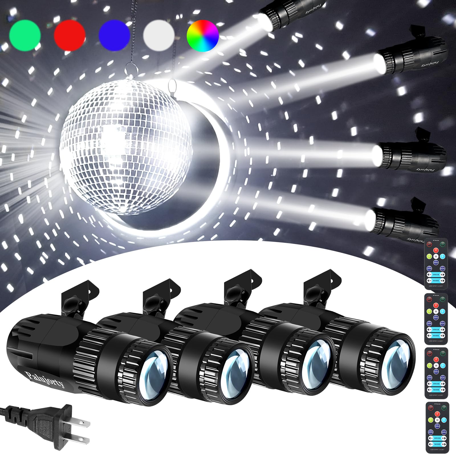 Pinspot Light with Remote Control, Palujorty 4 Pack Multicolor LED Pin Lights, Plug-in Spotlight for Mirror Ball (65'' Extra-Long Power Cord)