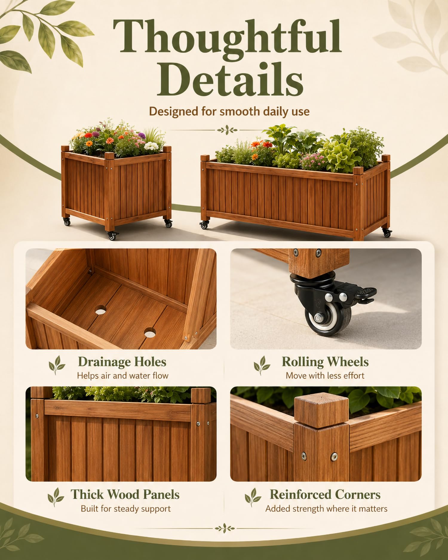 Letto da Giardino Rialzato con Ruote E Vasca Lunga Rettangolare, Cassone Orto Lungo Muro, Vaso per Fiori per Erbe, Fiori E Verdure su Patio E Terrazza Esterna,45 * 45 * 65cm/17 * 17 * 25in